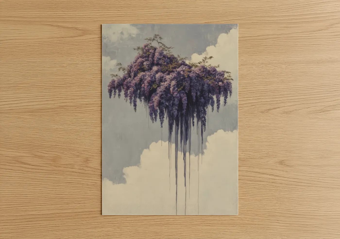 Art print on warm oak wood — purple and cream palette — Floating Wisteria poster