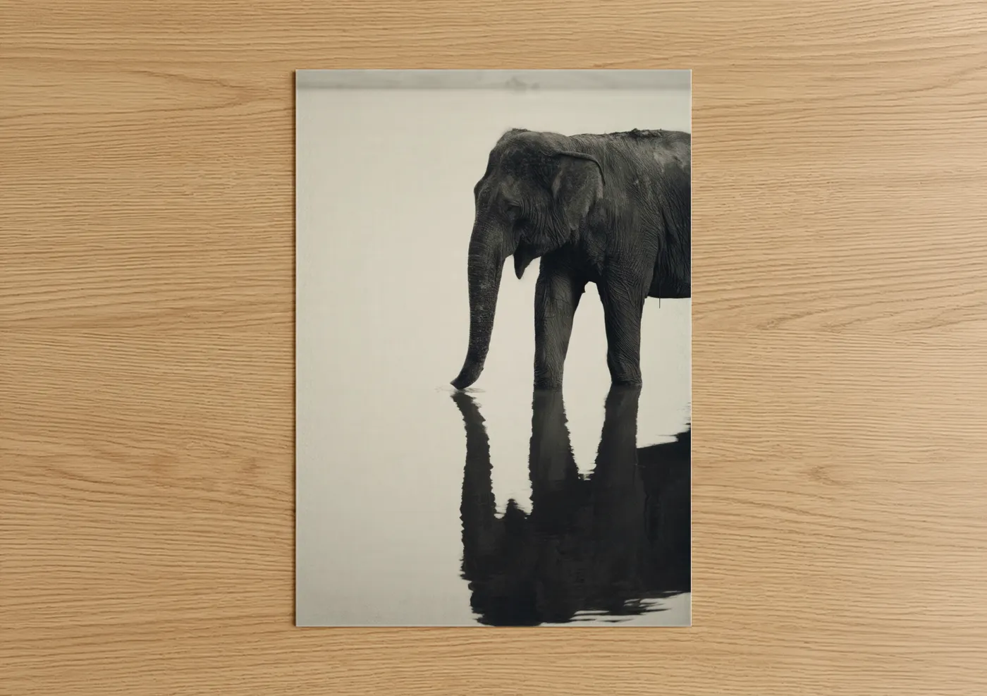 Asian elephant art print on warm oak wood — black and white and gray palette — Serene Elephant Reflection poster