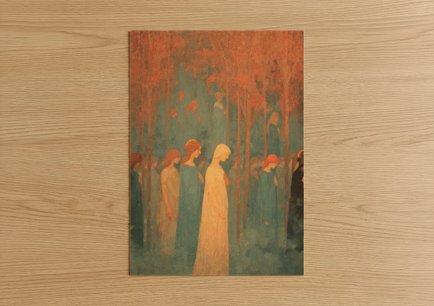 All saints day art print on warm oak wood — teal palette — Solemn Procession poster