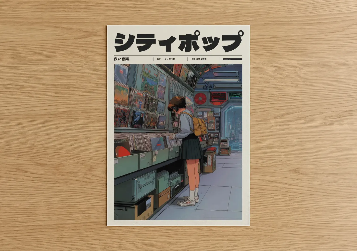 Anime Girl in Vintage Record Store Wall Art
