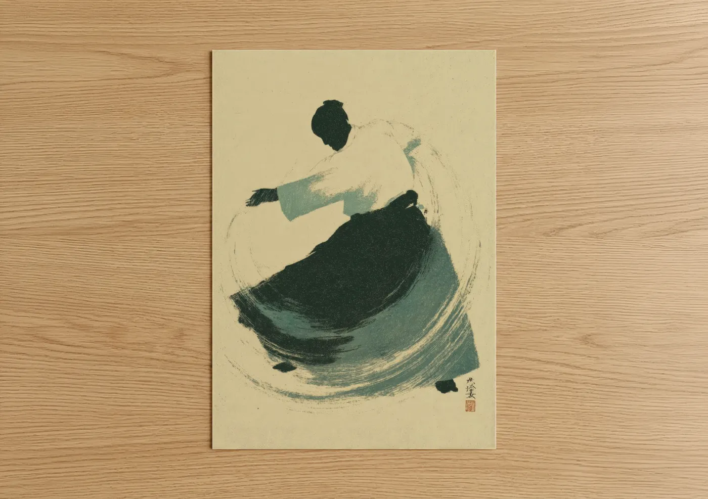 Jiu jutsu art print on warm oak wood — teal and cream palette — Spinning Judoka poster