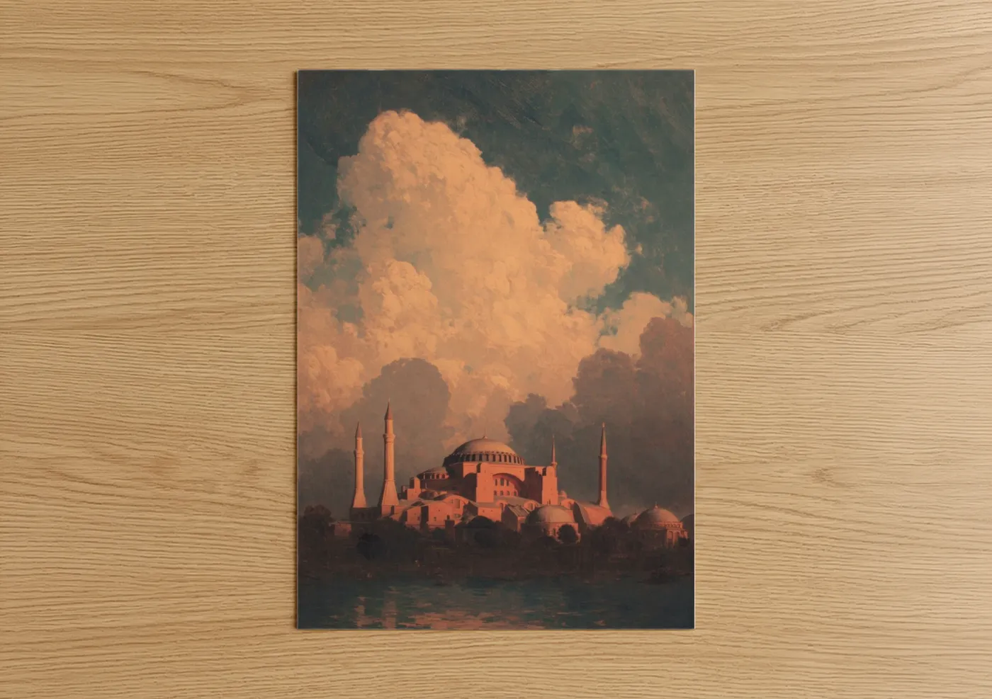 Hagia sofia art print on warm oak wood — gold and peach palette — Golden Hagia Sophia poster