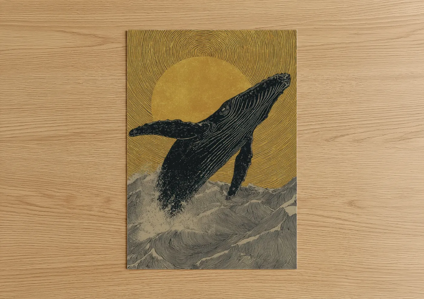 Humpback whale art print on warm oak wood — gold and black palette — Golden Breaching Whale poster