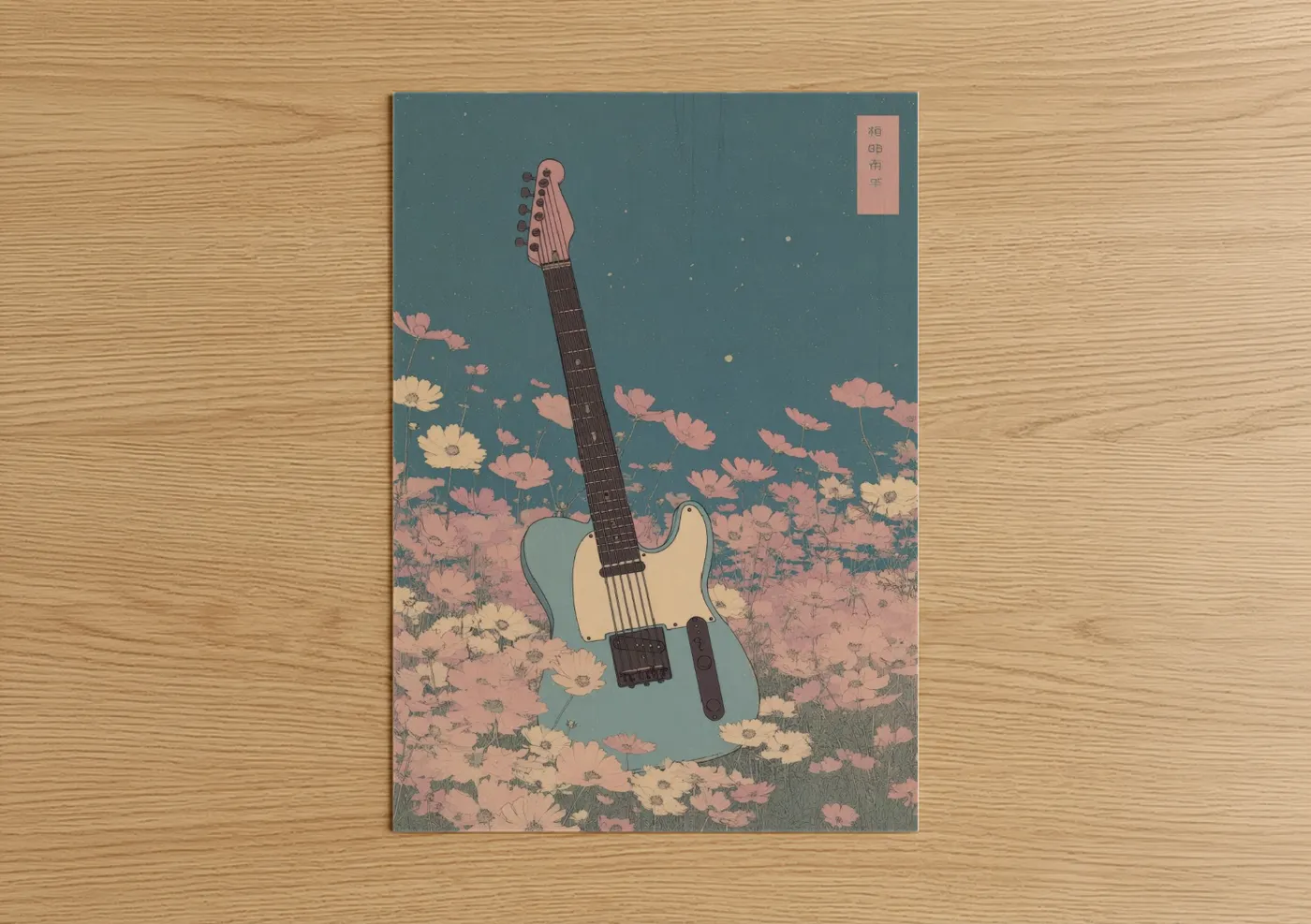 Electric guitar art print on warm oak wood — blue and salmon pink palette — Blossom Guitar poster