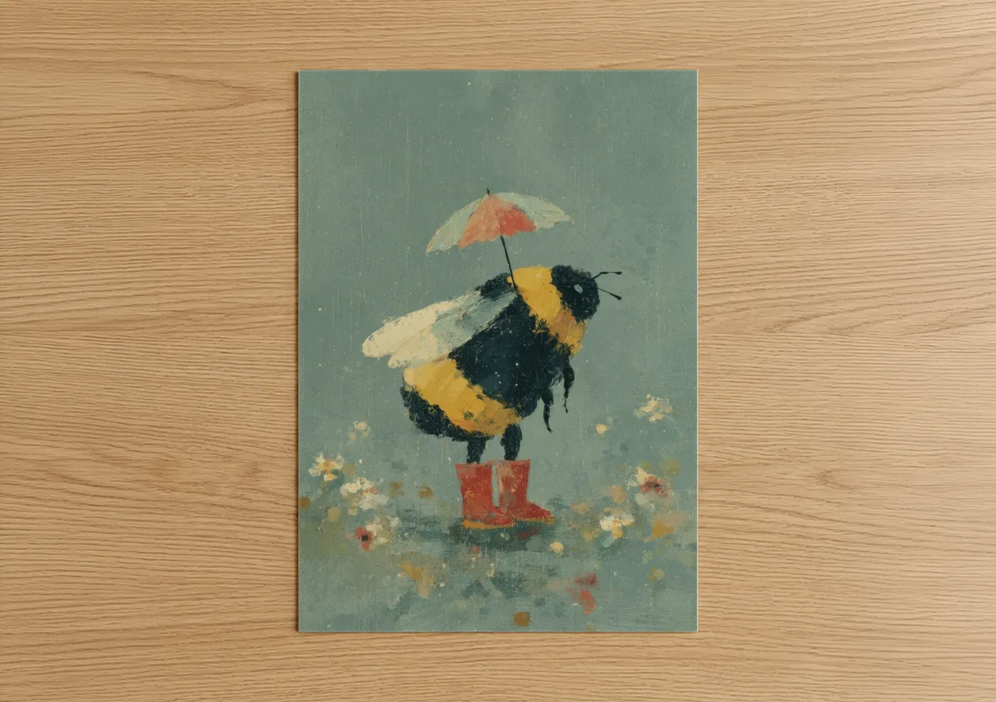 Art print on warm oak wood — sage green and gold palette — Rainy Day Bee poster