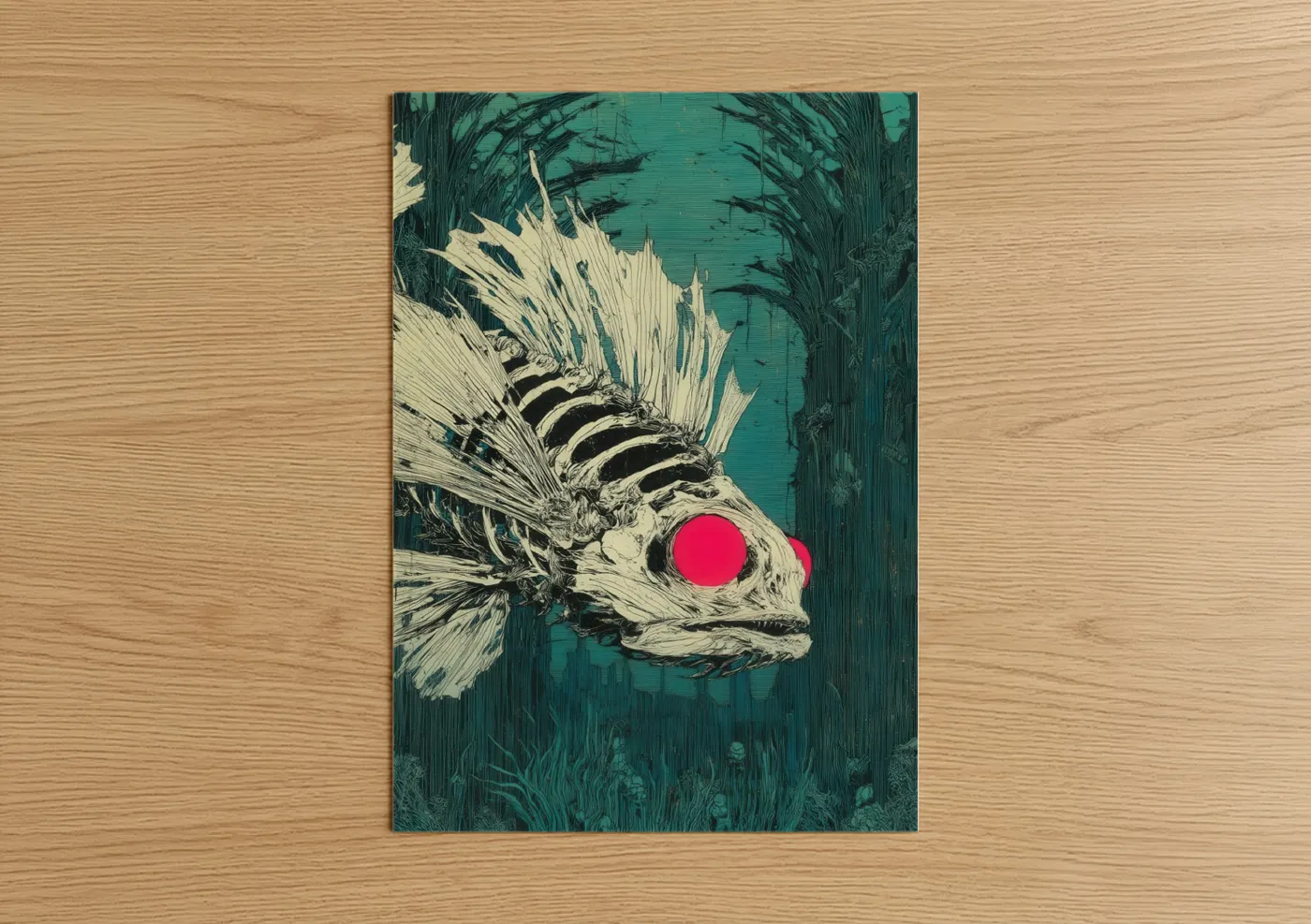 Art print on warm oak wood — teal and magenta palette — Crimson Dragon Fish poster