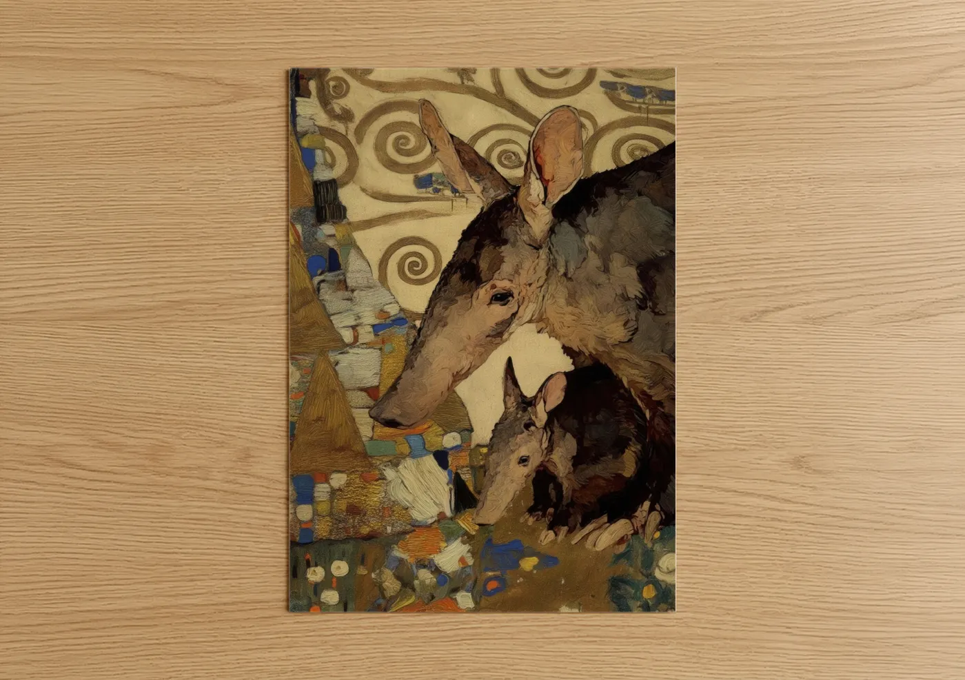Art print on warm oak wood — cream and brown palette — Earthen Aardvark Pair poster