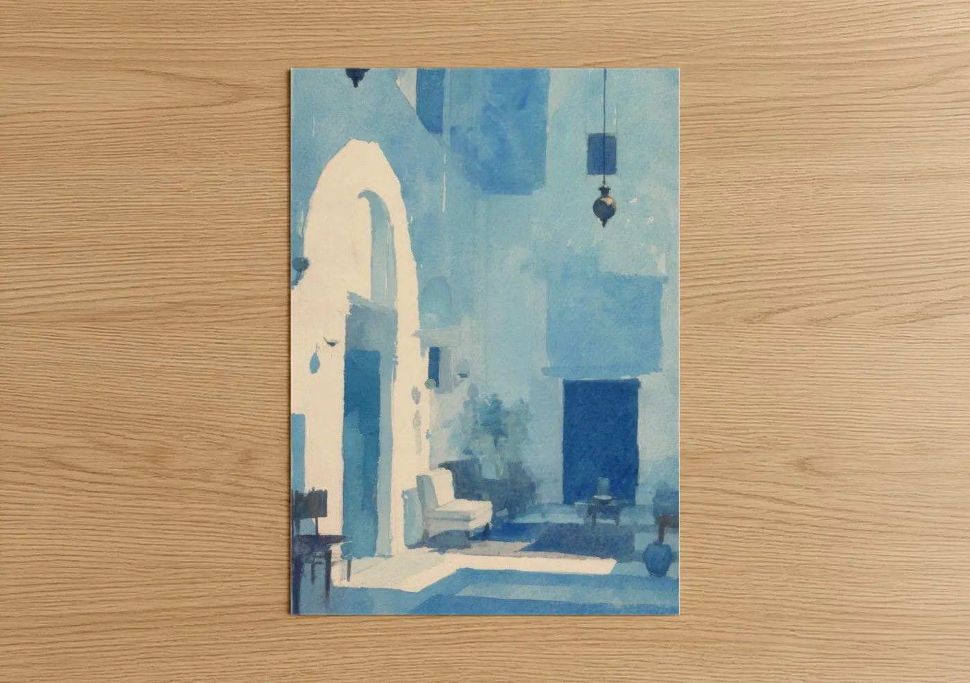 Serene Blue Synagogue Interior Watercolor Wall Art