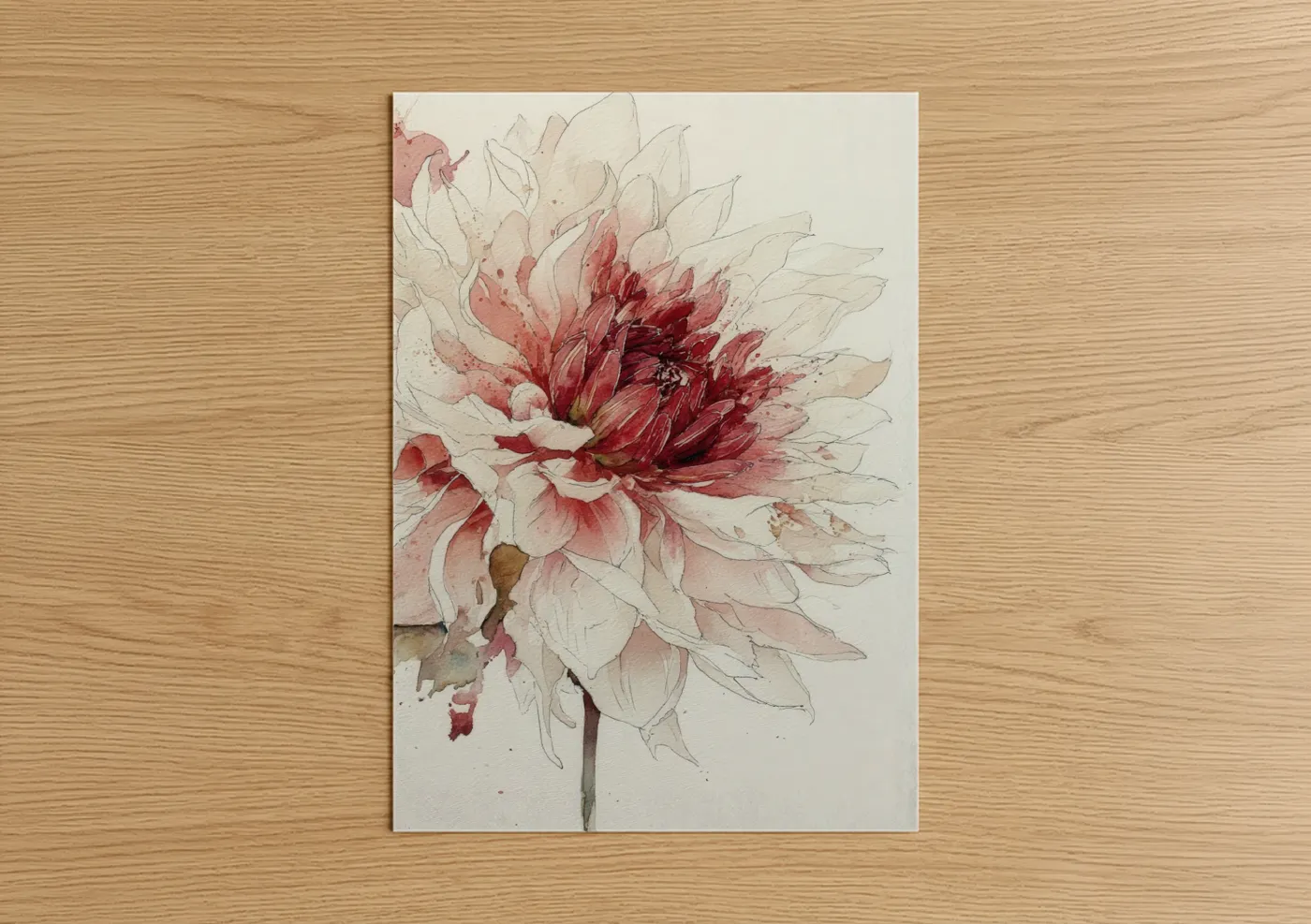 Art print on warm oak wood — pink and cream palette — Crimson Dahlia poster
