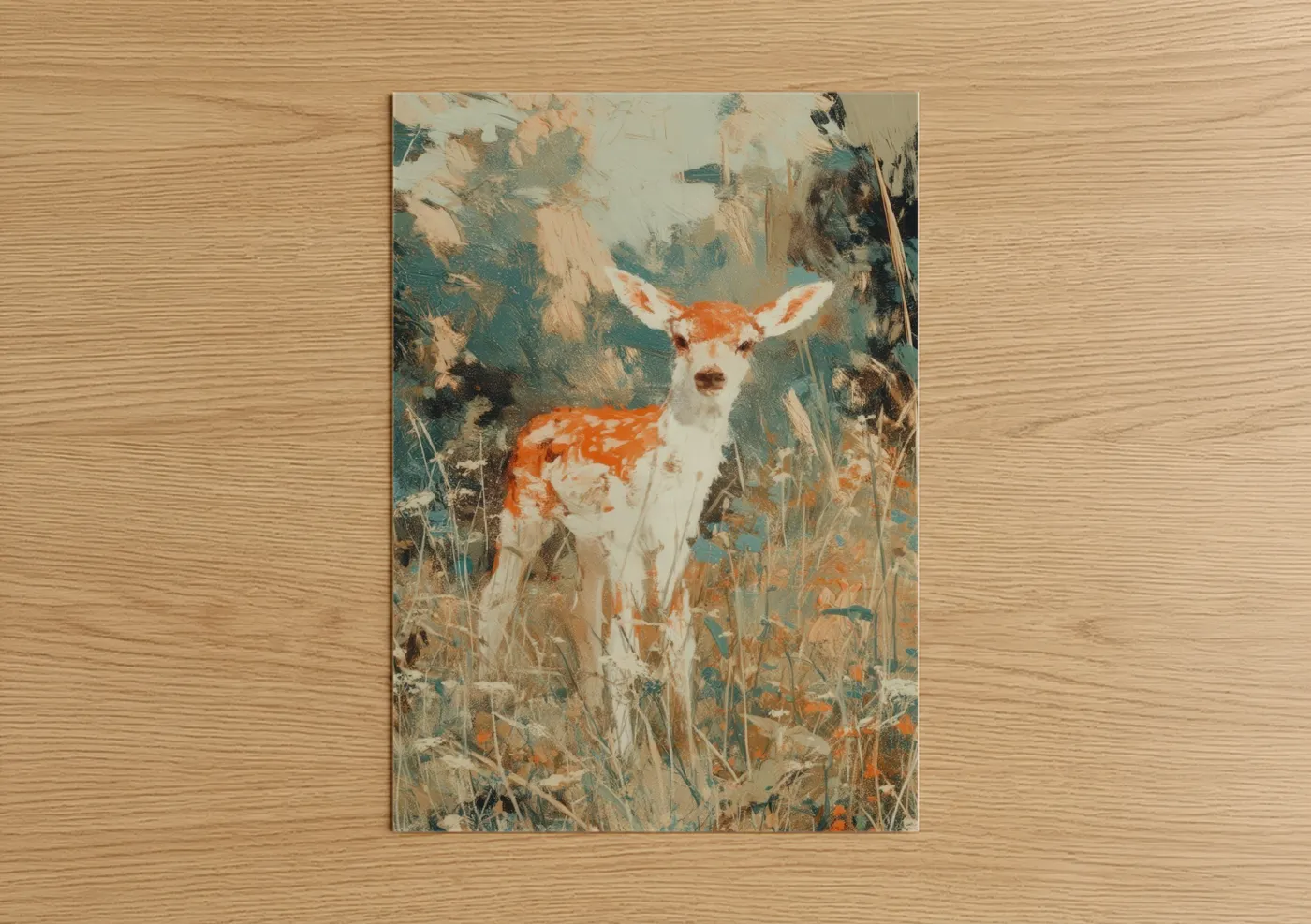 Art print on warm oak wood — teal and peach palette — Autumn Antelope poster