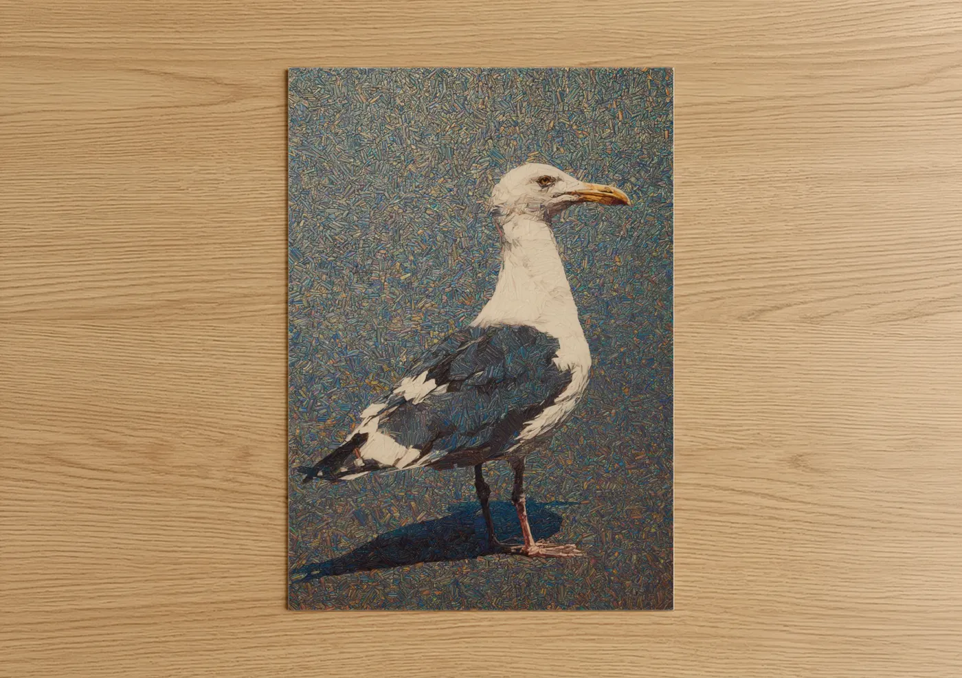 Art print on warm oak wood — blue and gold palette — Coastal Seagull poster