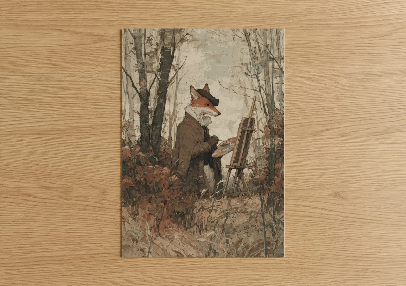 Artist Fox in Autumn Forest Watercolor Wall Art