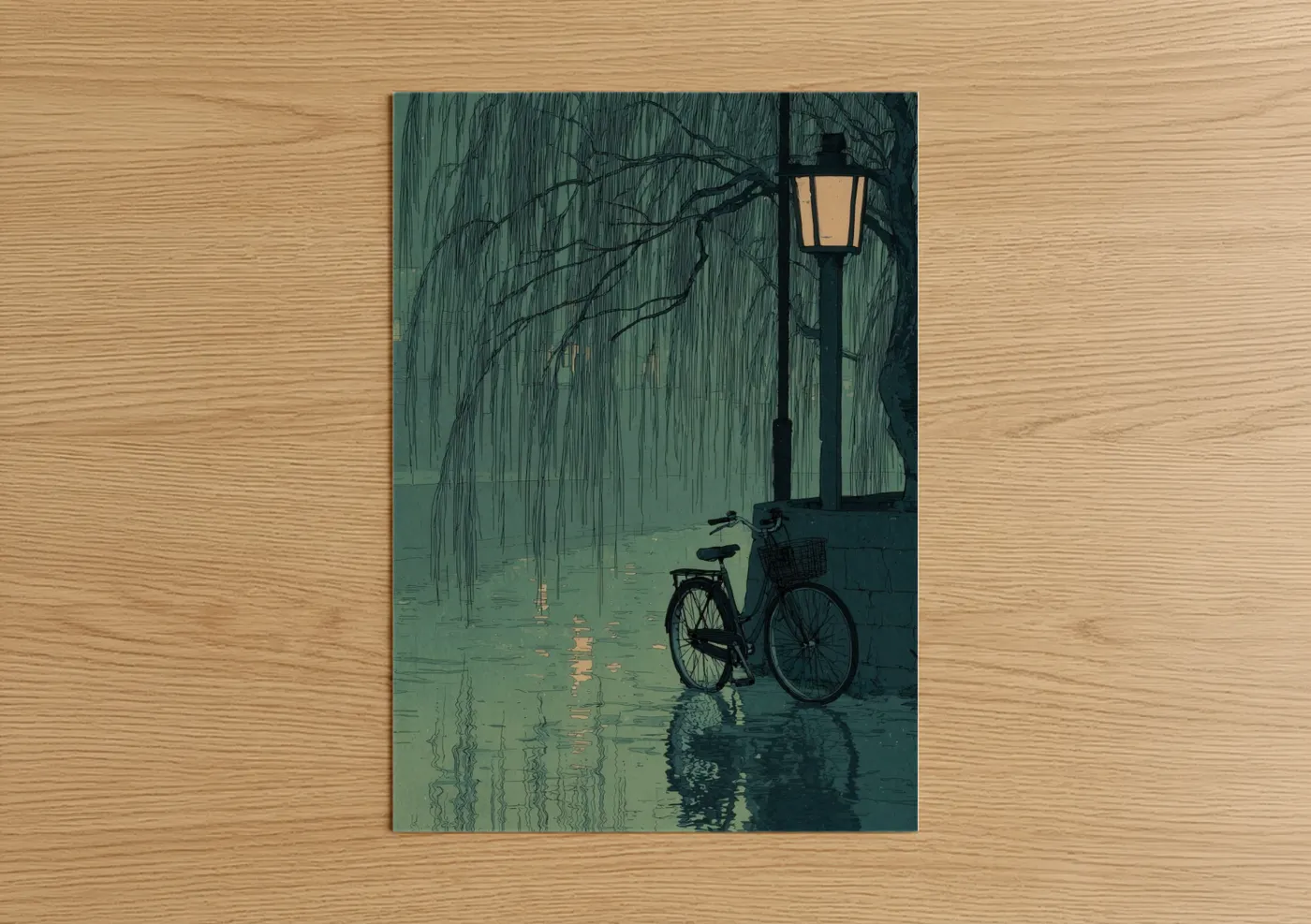Rainy Street Bicycle Urban Scene Wall Art