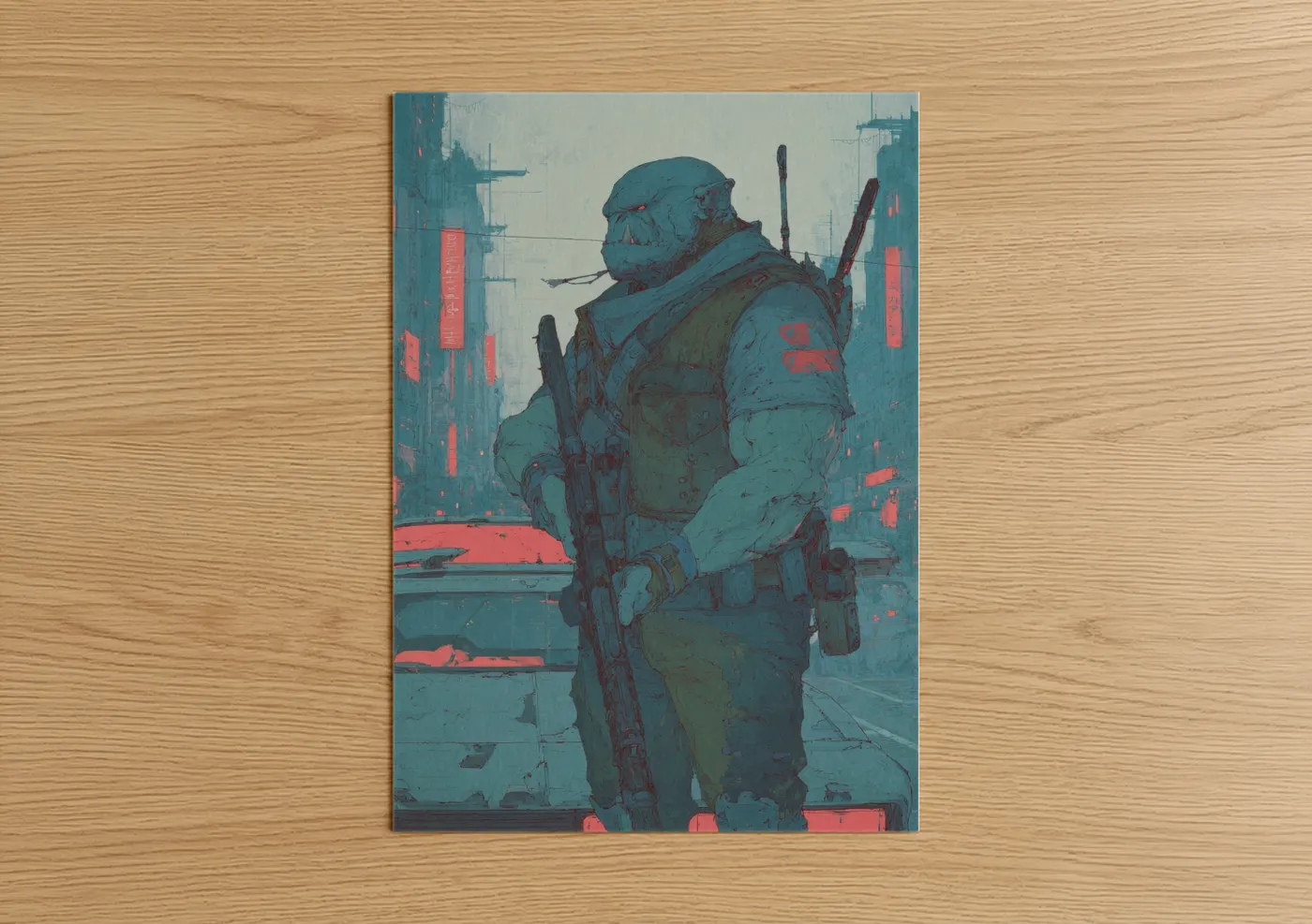 Art print on warm oak wood — dark blue and red palette — Cyberpunk Orc poster