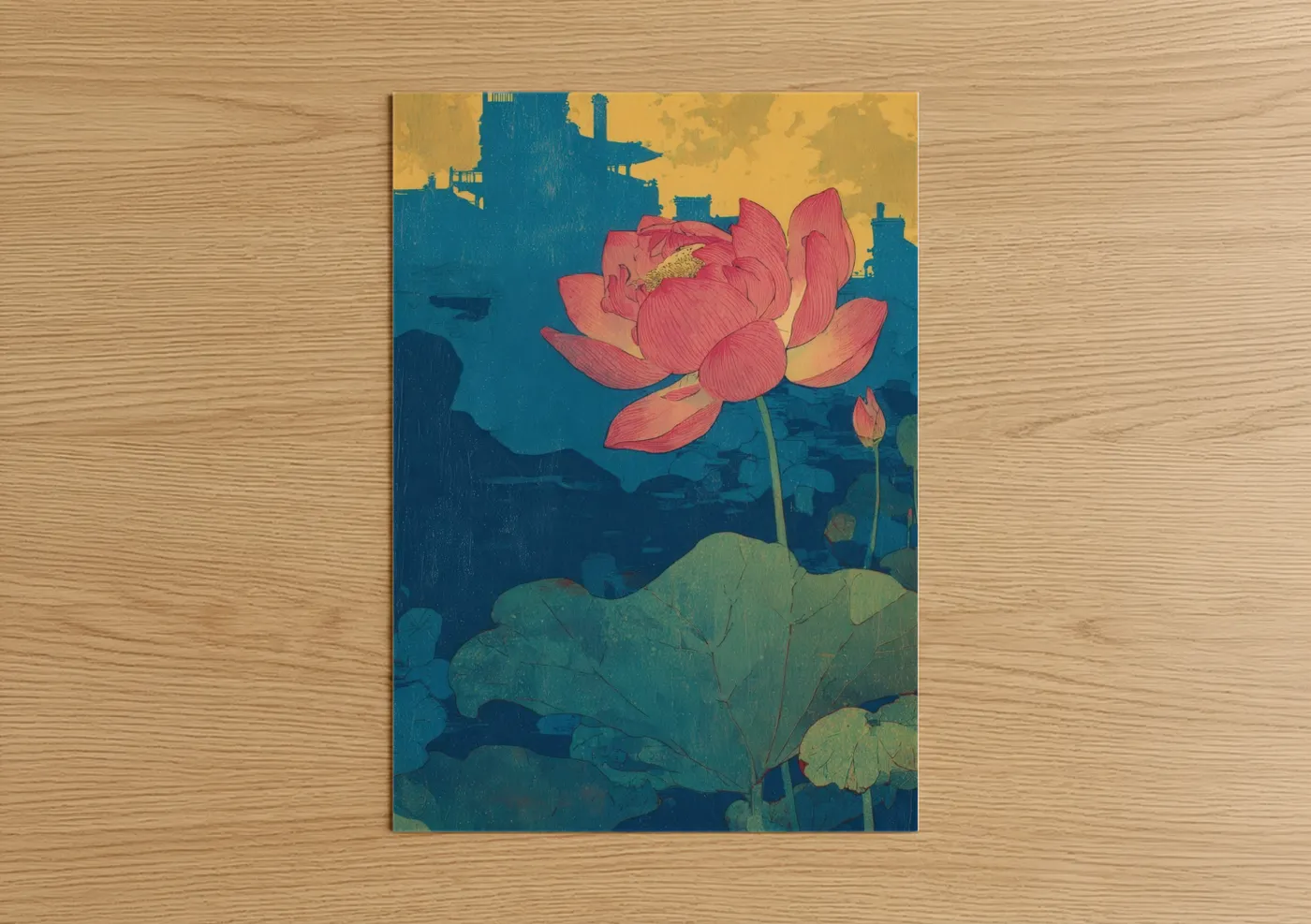 Art print on warm oak wood — gold and teal palette — Crimson Lotus Dream poster