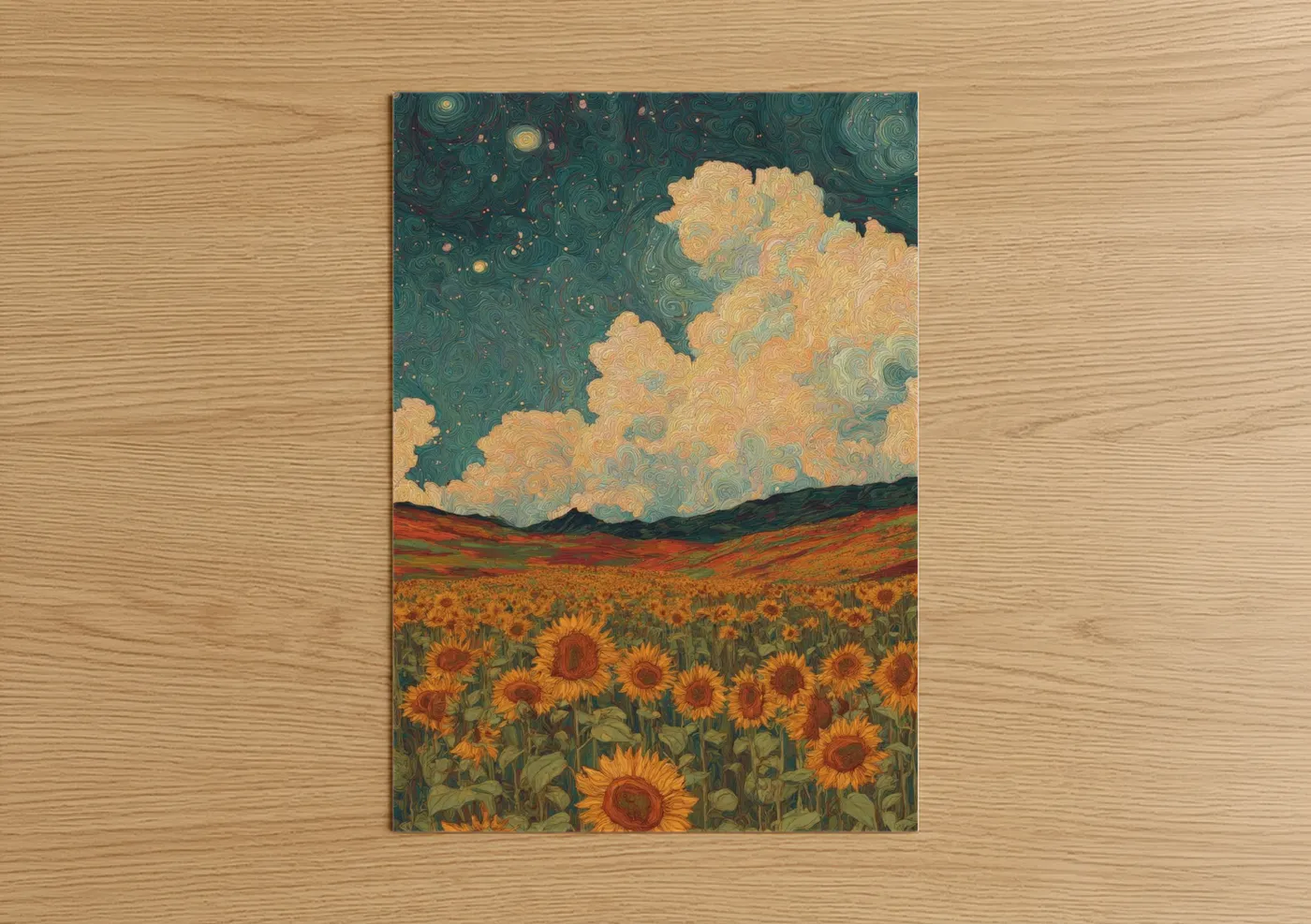 Golden Sunflower Field Swirling Sky Wall Art