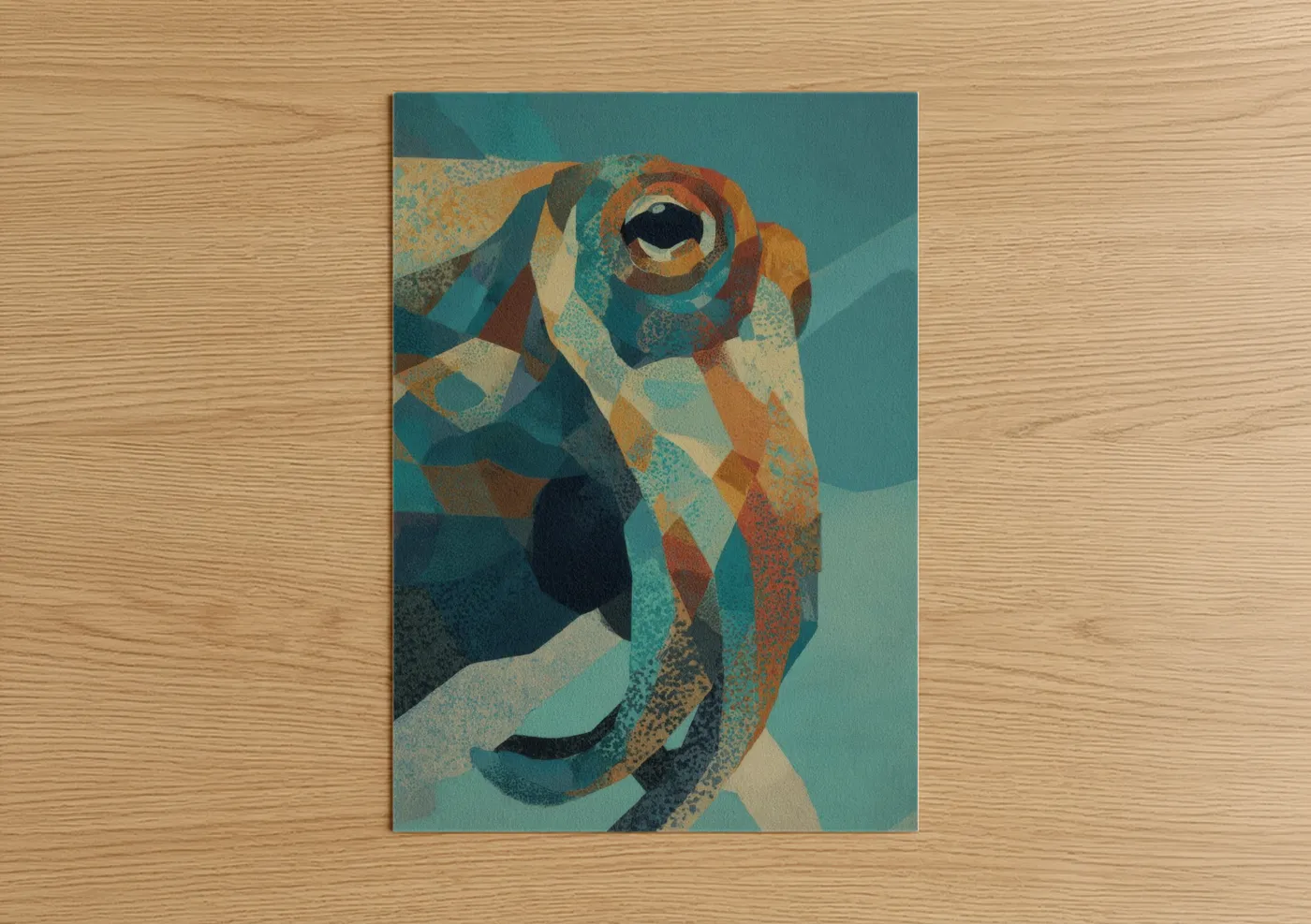Art print on warm oak wood — teal palette — Geometric Squid poster