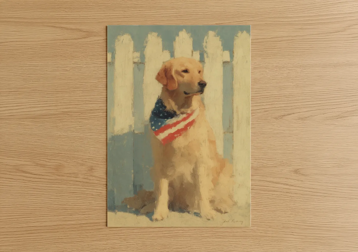 4th of july art print on warm oak wood — cream and sage green palette — Patriotic Retriever poster