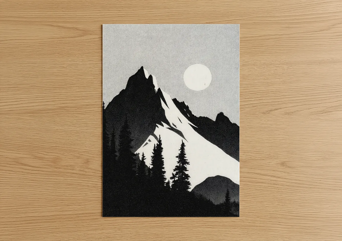 Snowy mountains art print on warm oak wood — black and white palette — Moonlit Mountain Peak poster