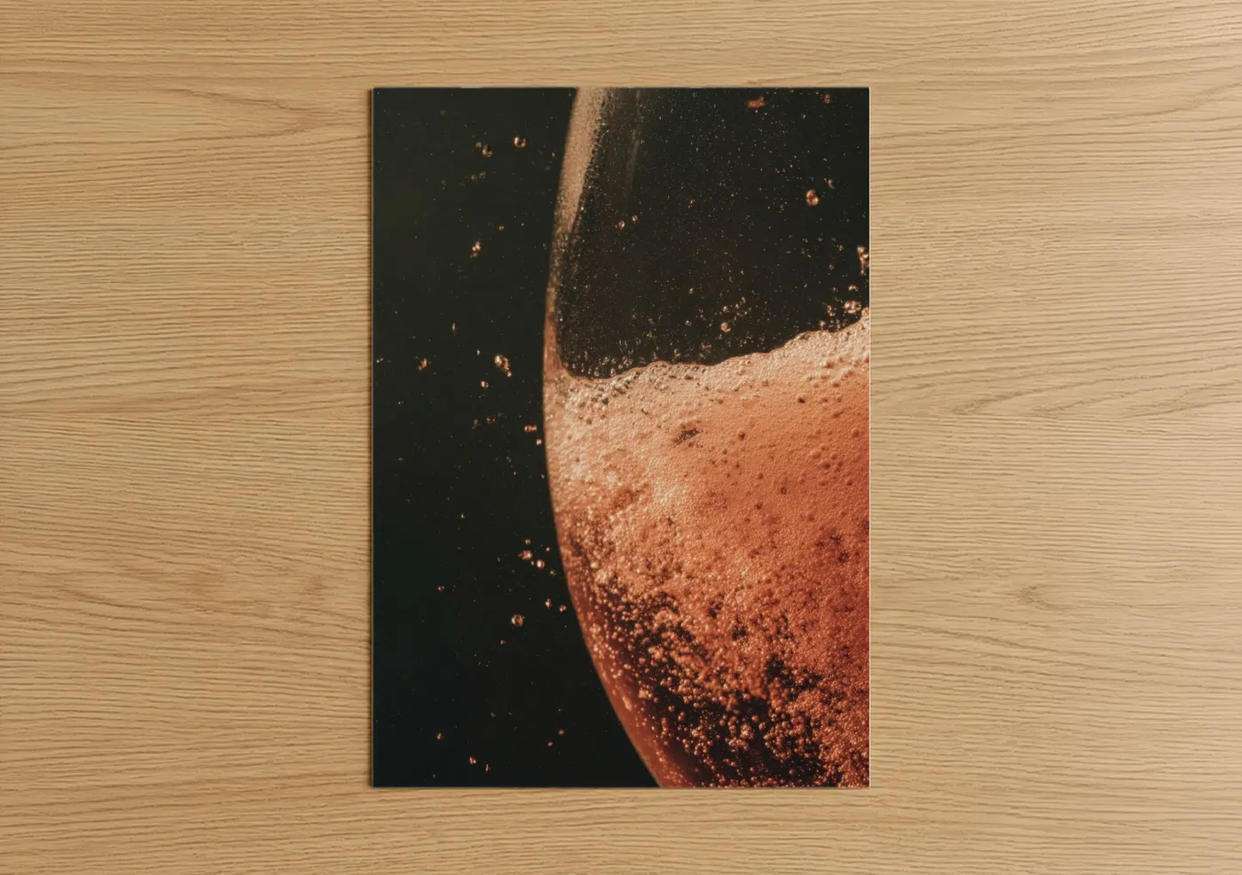 Rose wine art print on warm oak wood — gold and black palette — Rosé Wine Splash poster