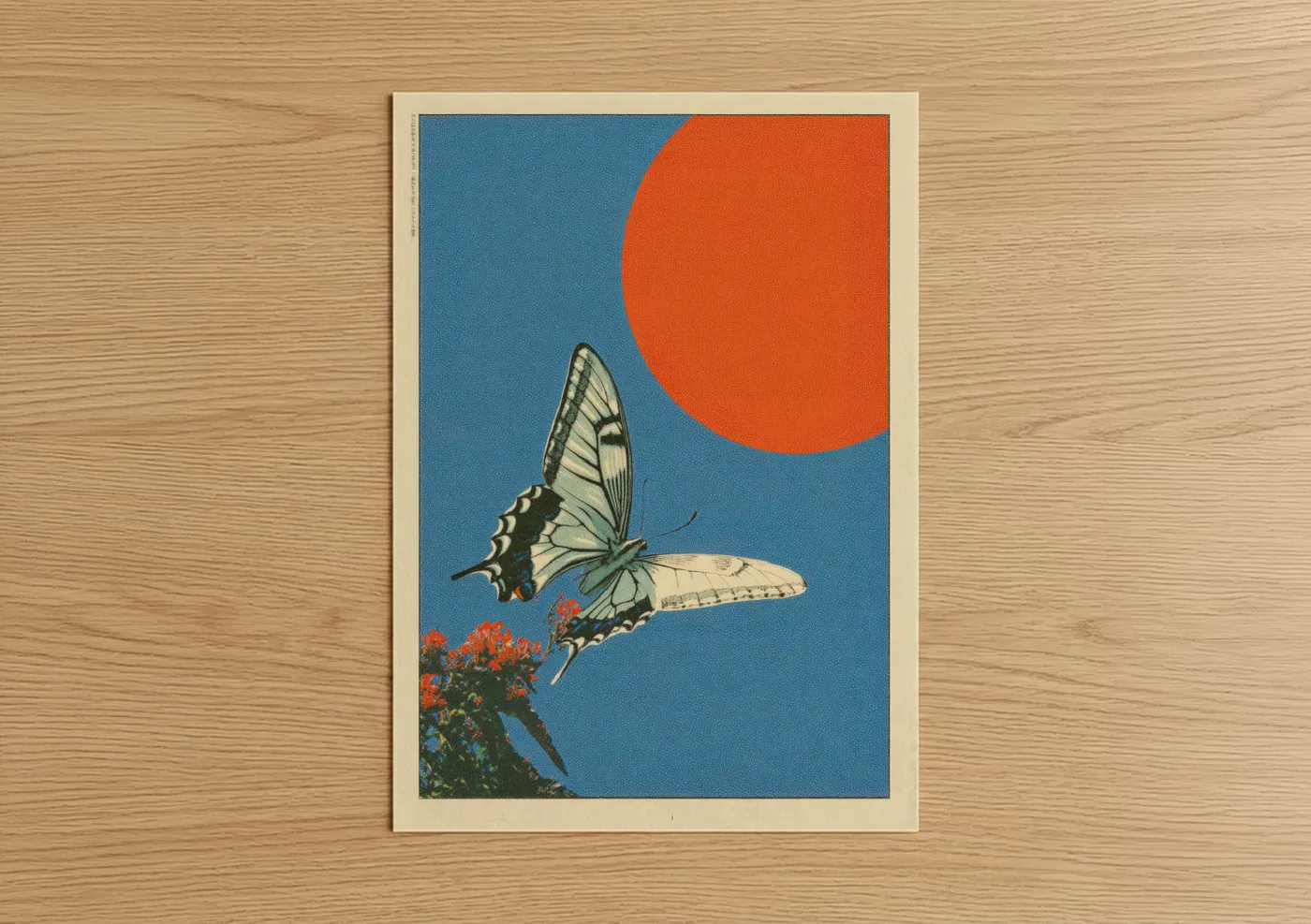 Japanese y2k art print on warm oak wood — blue and red palette — Swallowtail Sunset poster