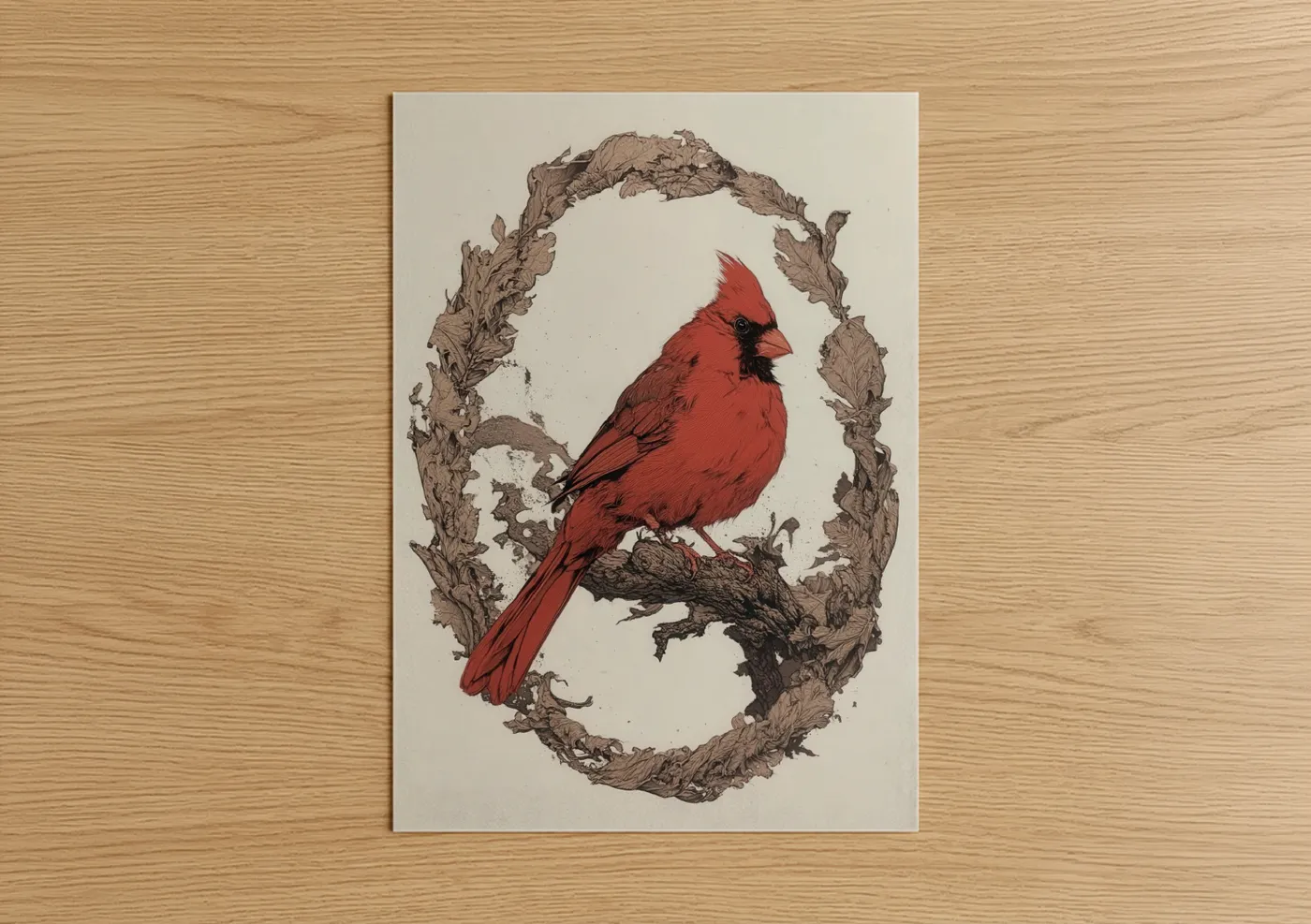 Art print on warm oak wood — red and nobel palette — Crimson Cardinal Perch poster