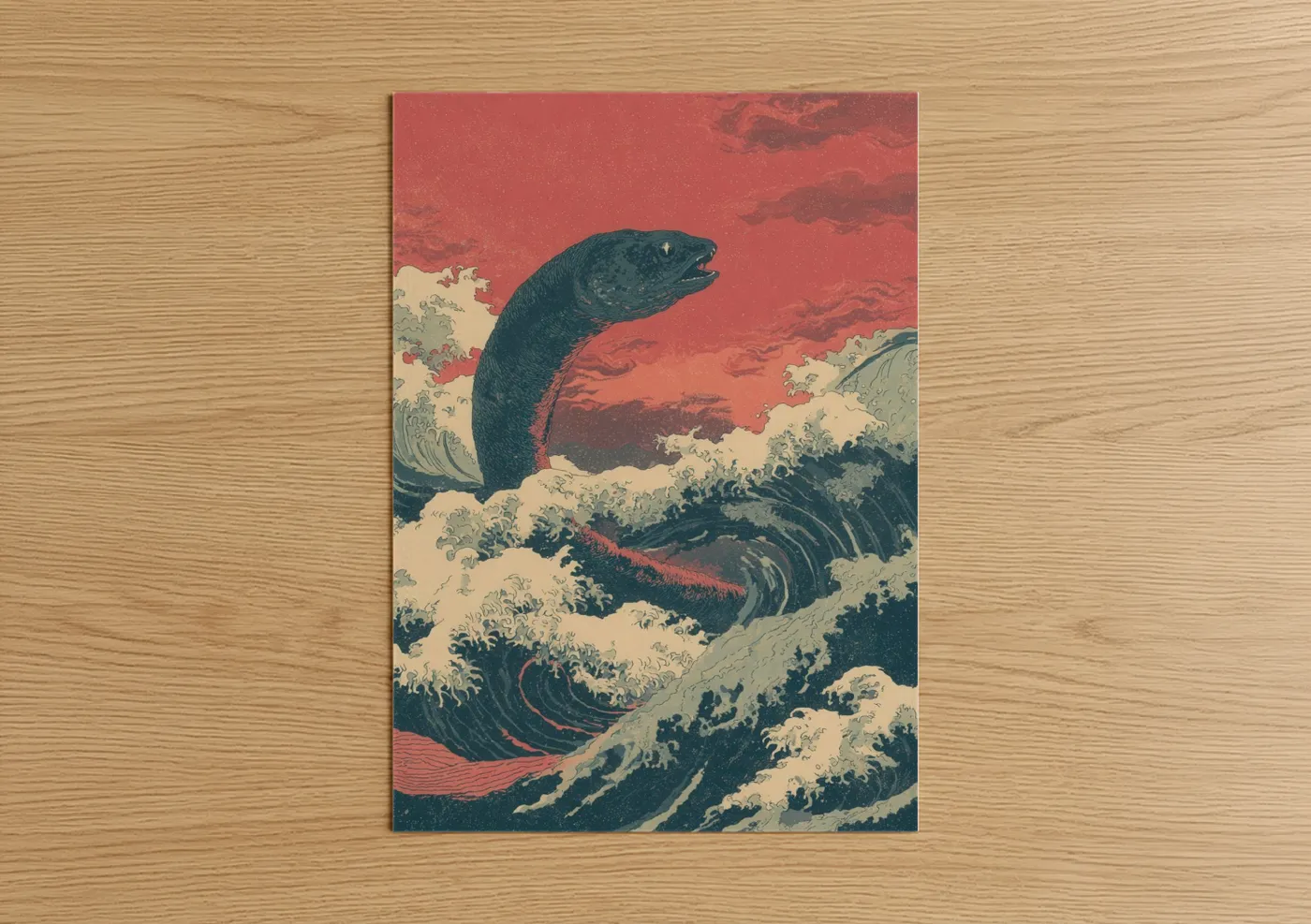 Eels art print on warm oak wood — red and black and white palette — Crimson Wave Eel poster