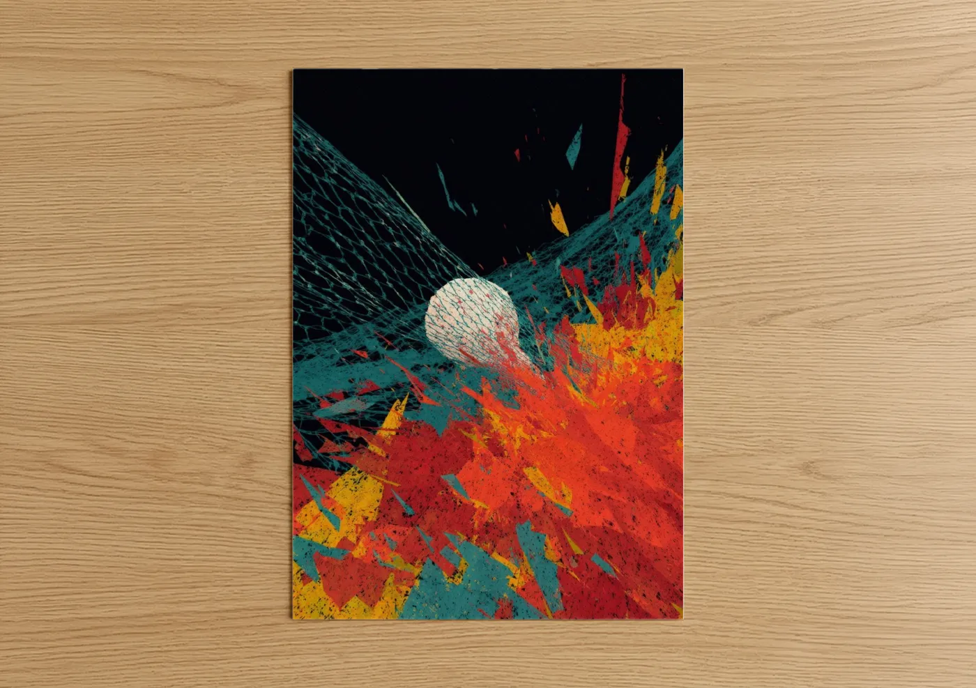 Art print on warm oak wood — red and teal palette — Explosive Lacrosse poster