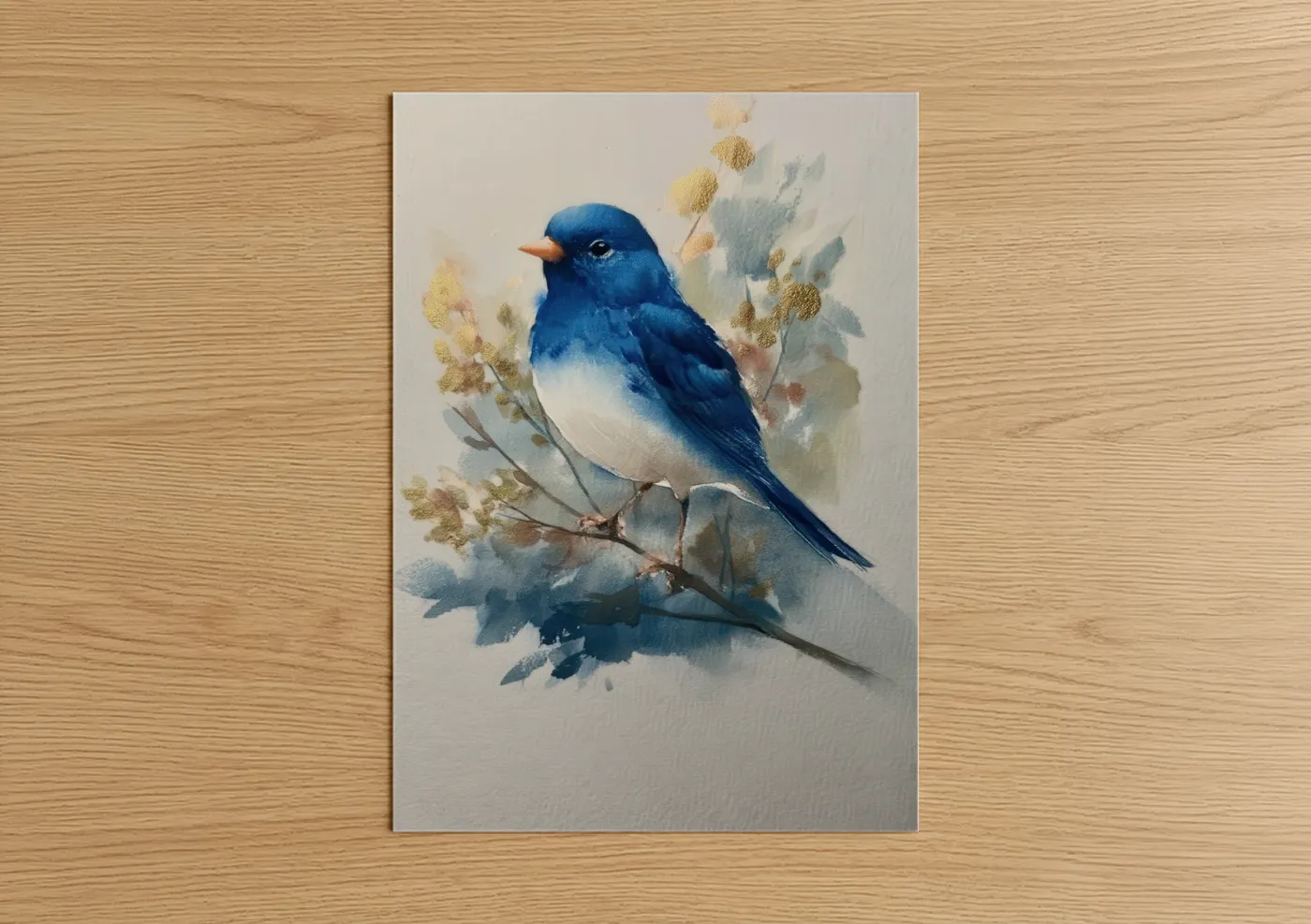 Art print on warm oak wood — blue and cream palette — Azure Kiwi poster
