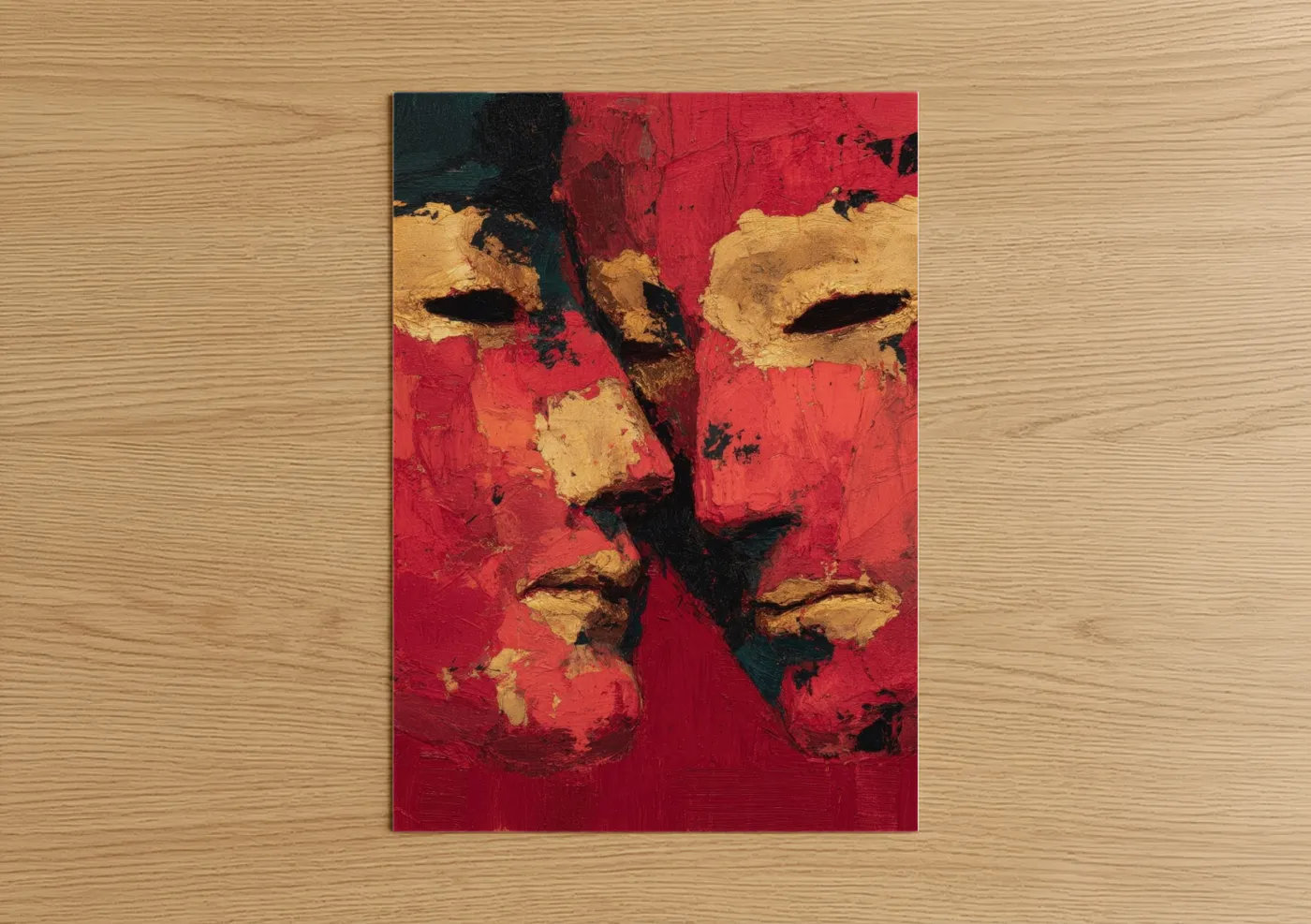 Art print on warm oak wood — red and gold palette — Crimson Theater Masks poster