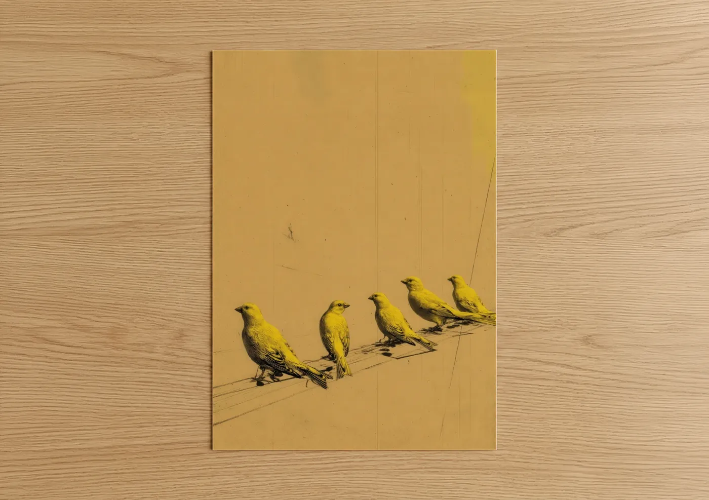 Art print on warm oak wood — yellow gold and cream palette — Yellow Canaries Perched poster