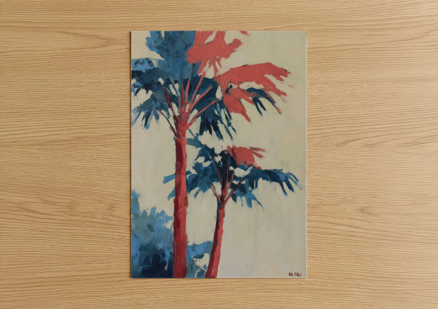 Palm tree art print on warm oak wood — red and blue palette — Crimson Palm Study poster