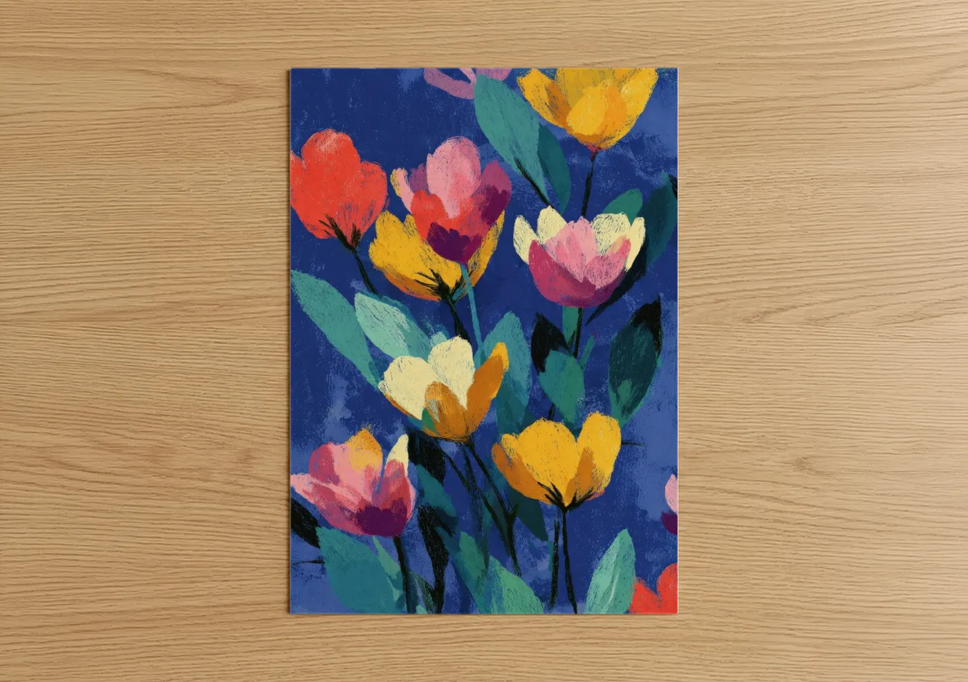Art print on warm oak wood — blue and gold palette — Midnight Tulip Garden poster