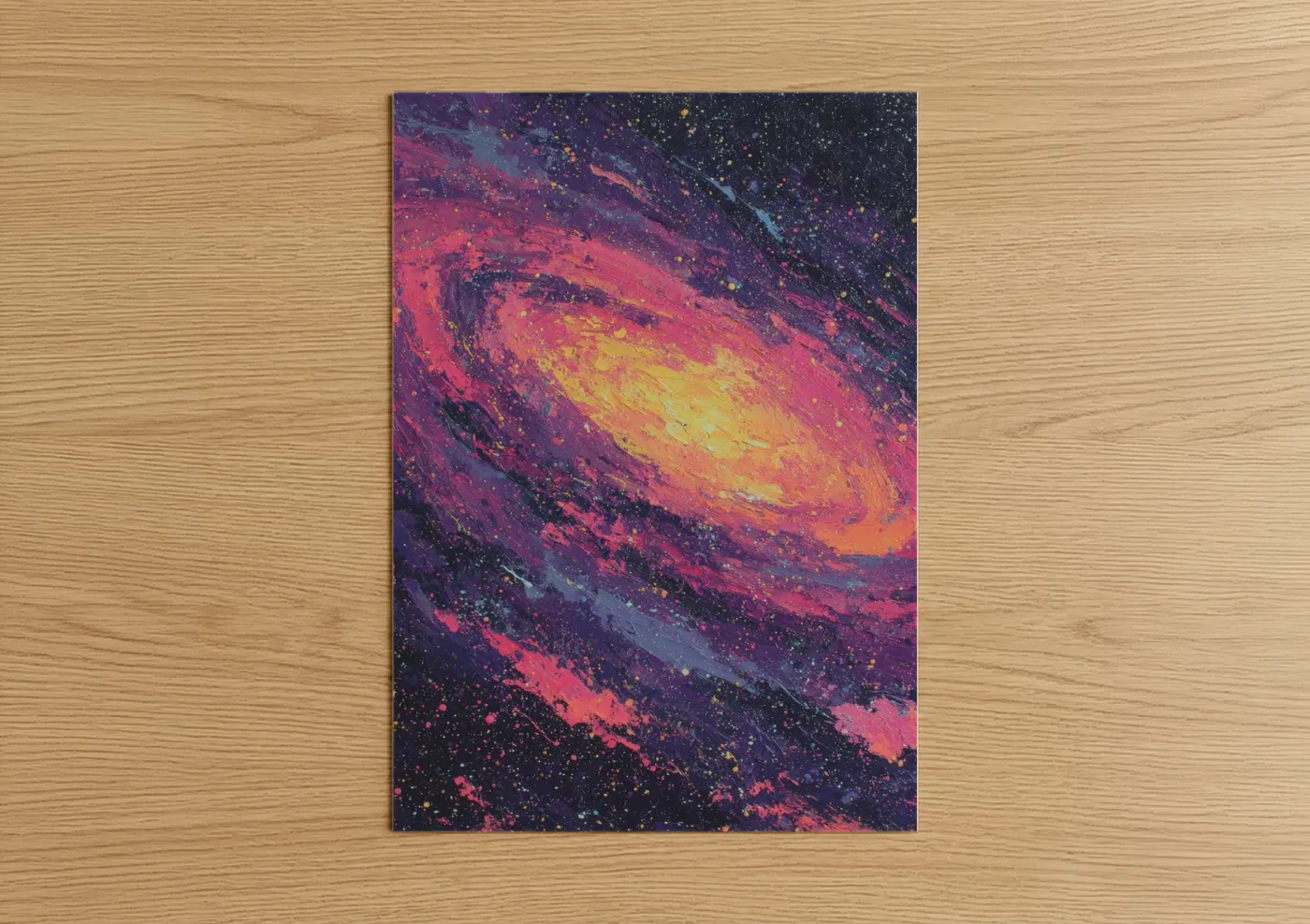 Milky way art print on warm oak wood — magenta and yellow gold palette — Cosmic Nebula poster