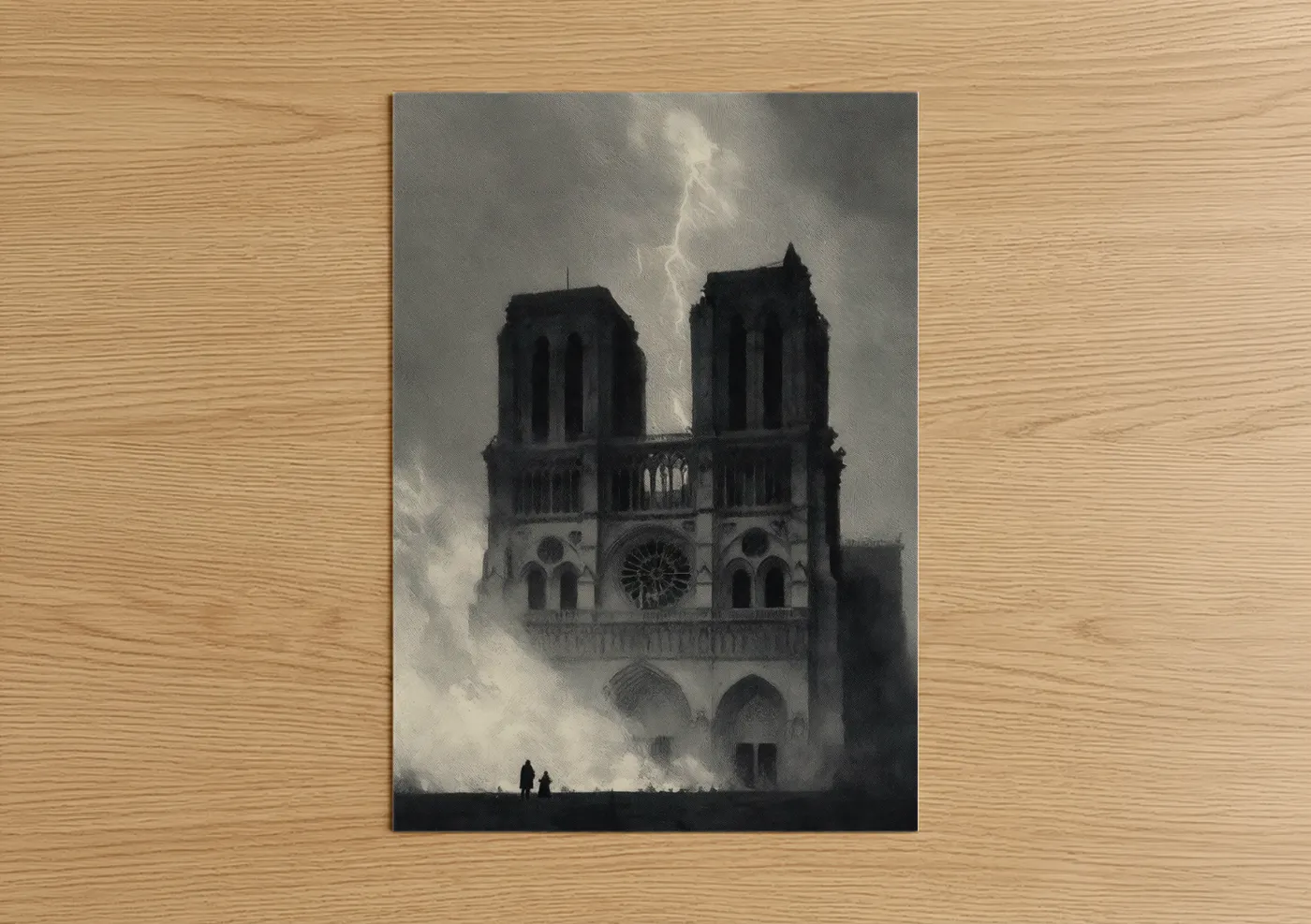 Notre dame art print on warm oak wood — black and white and gray palette — Stormy Notre-Dame poster