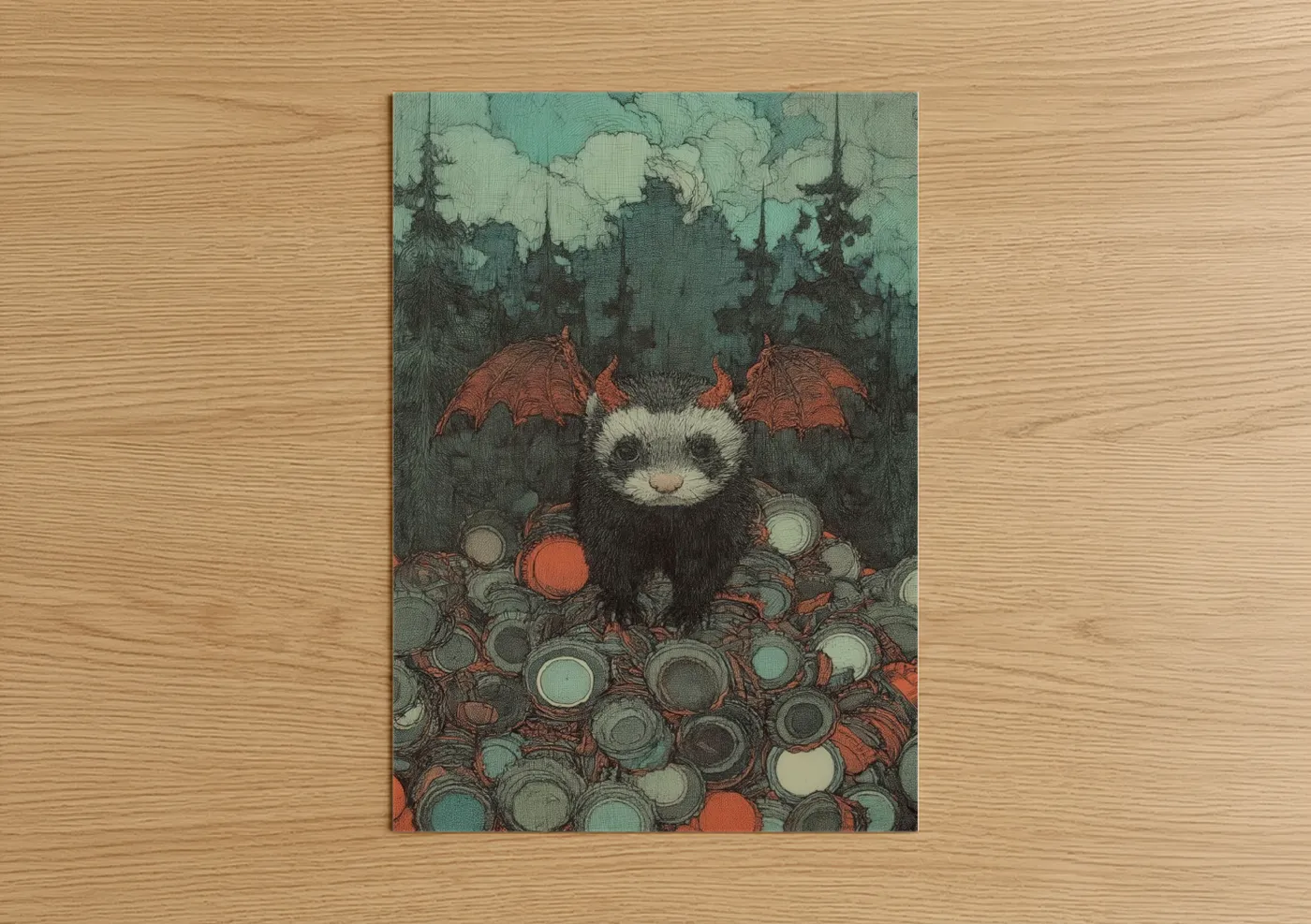 Whimsical Ferret with Umbrellas Illustration Wall Art