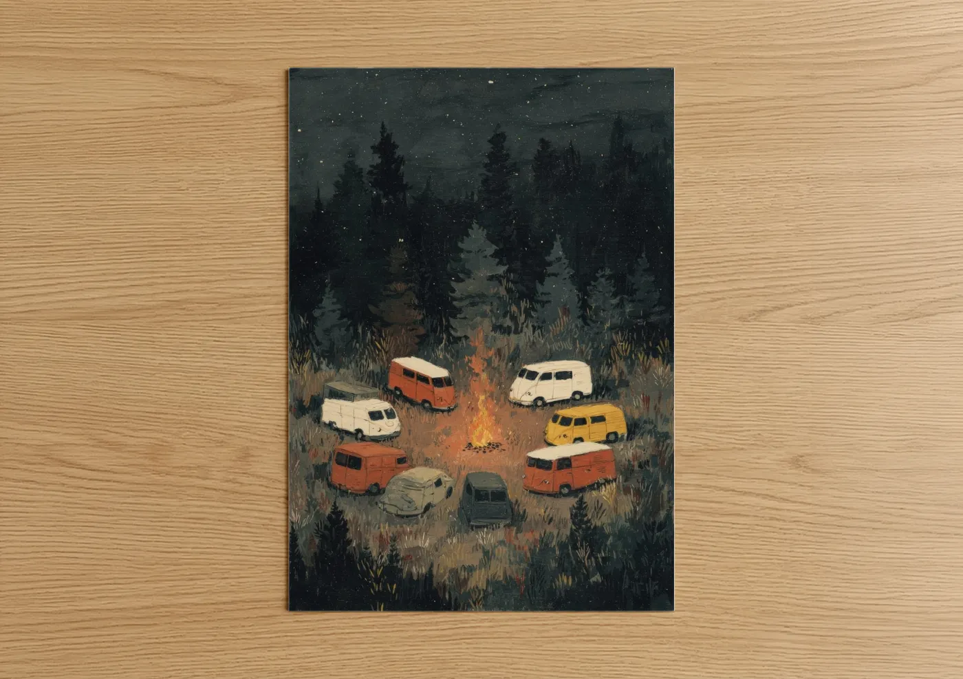 Vintage Vans Nighttime Campfire Gathering Wall Art