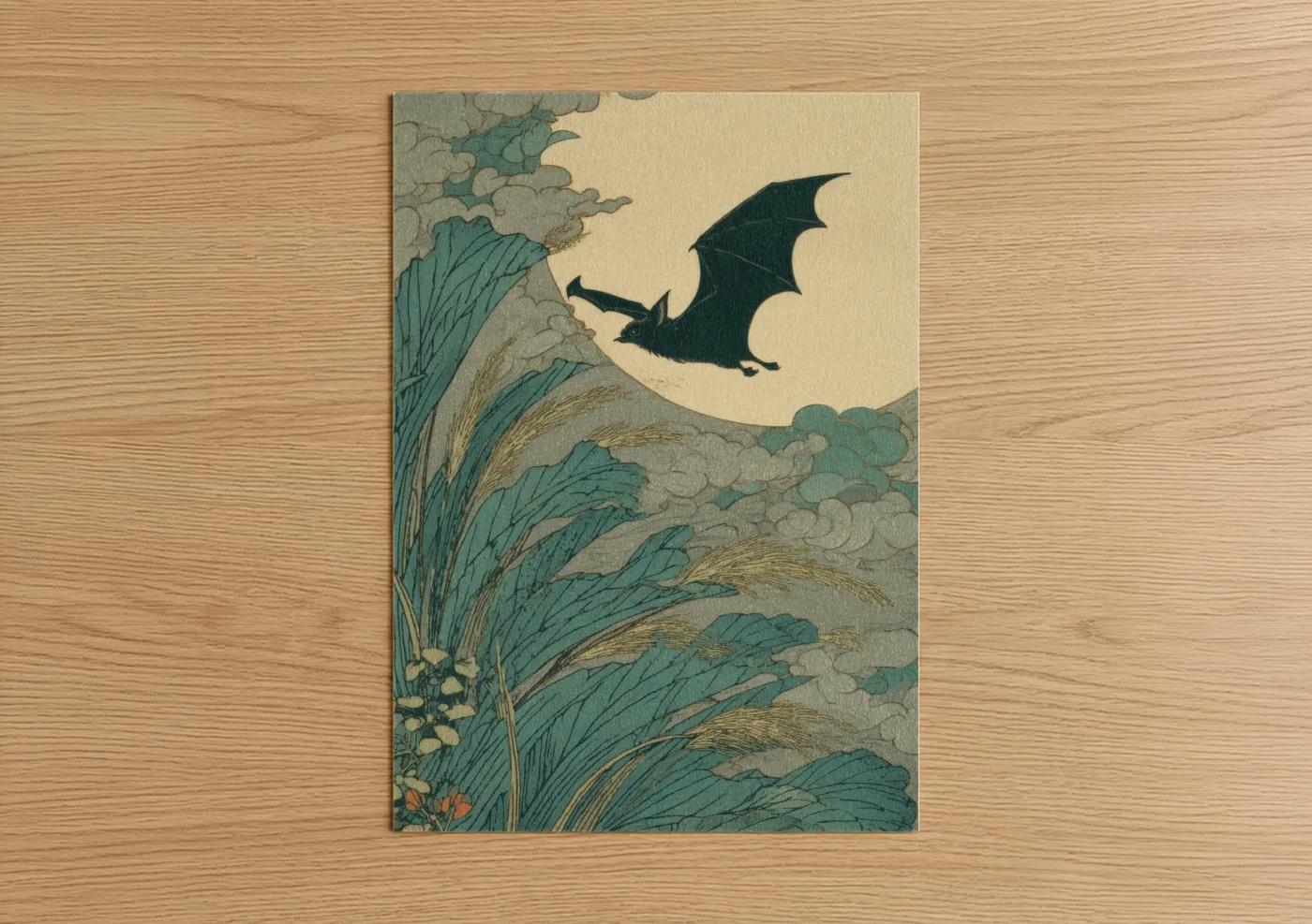 Art print on warm oak wood — teal and cream palette — Moonlit Bat poster