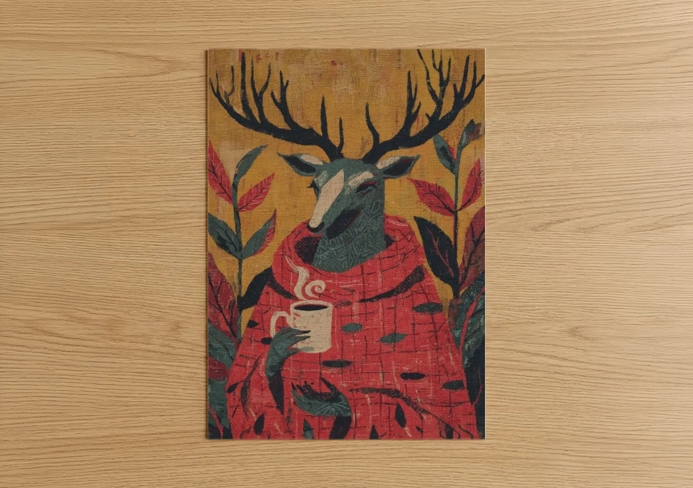 Art print on warm oak wood — gold and red palette — Cozy Reindeer poster