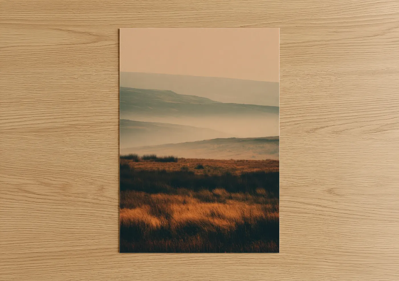 Art print on warm oak wood — peach and sage green palette — Misty Valley Landscape poster
