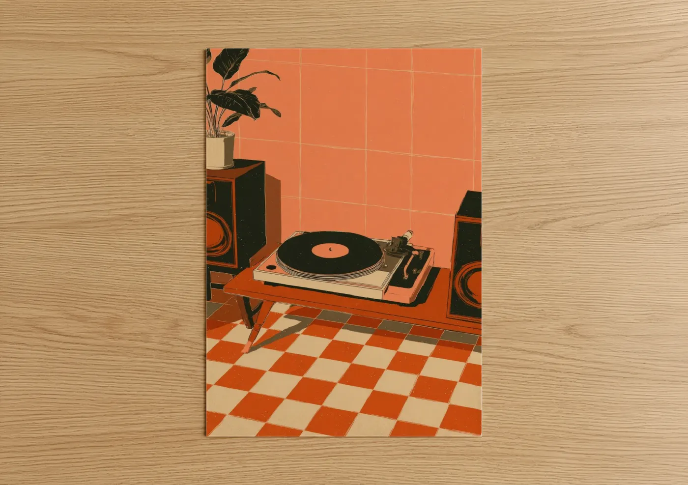 Vinyl records art print on warm oak wood — orange and black palette — Retro Turntable Setup poster