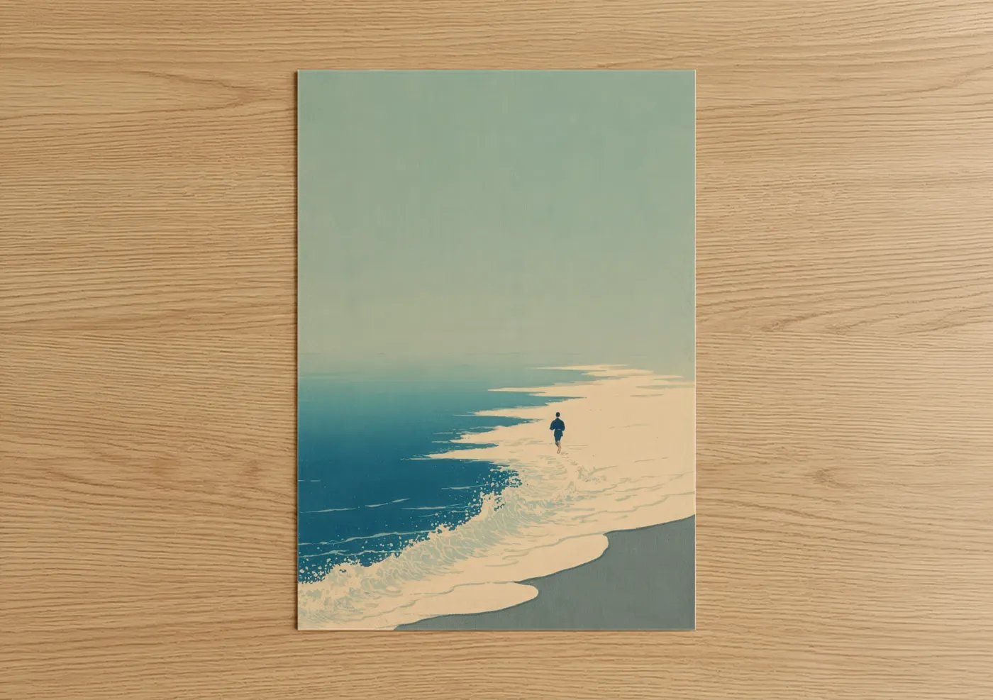 Running art print on warm oak wood — cream and blue and white palette — Solitary Beach Runner poster
