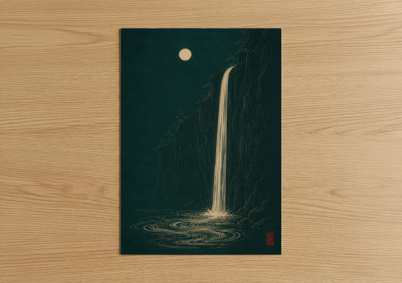 Art print on warm oak wood — teal and gold palette — Japanese Waterfall Night Scene Wall Art poster