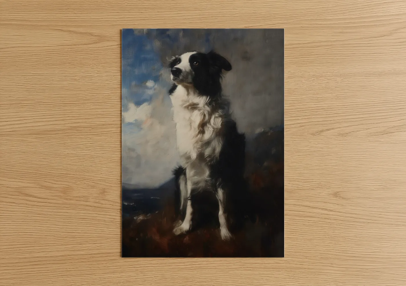 Shepherd dogs and collies art print on warm oak wood — black and white and gray palette — Noble Shepherd Portrait poster