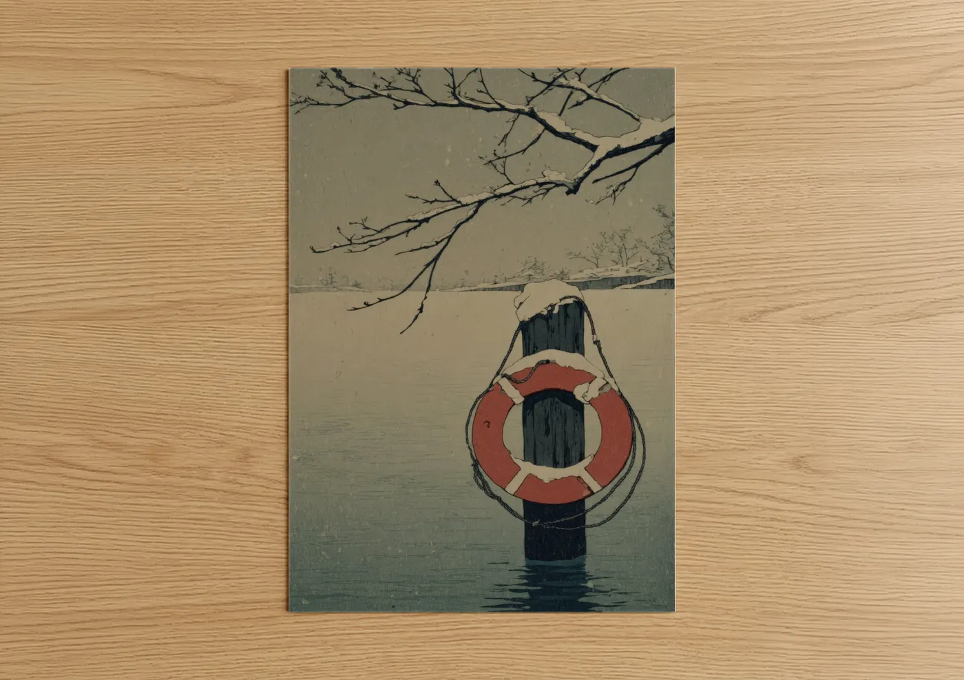 Life ring art print on warm oak wood — gray and russet palette — Frozen Refuge poster