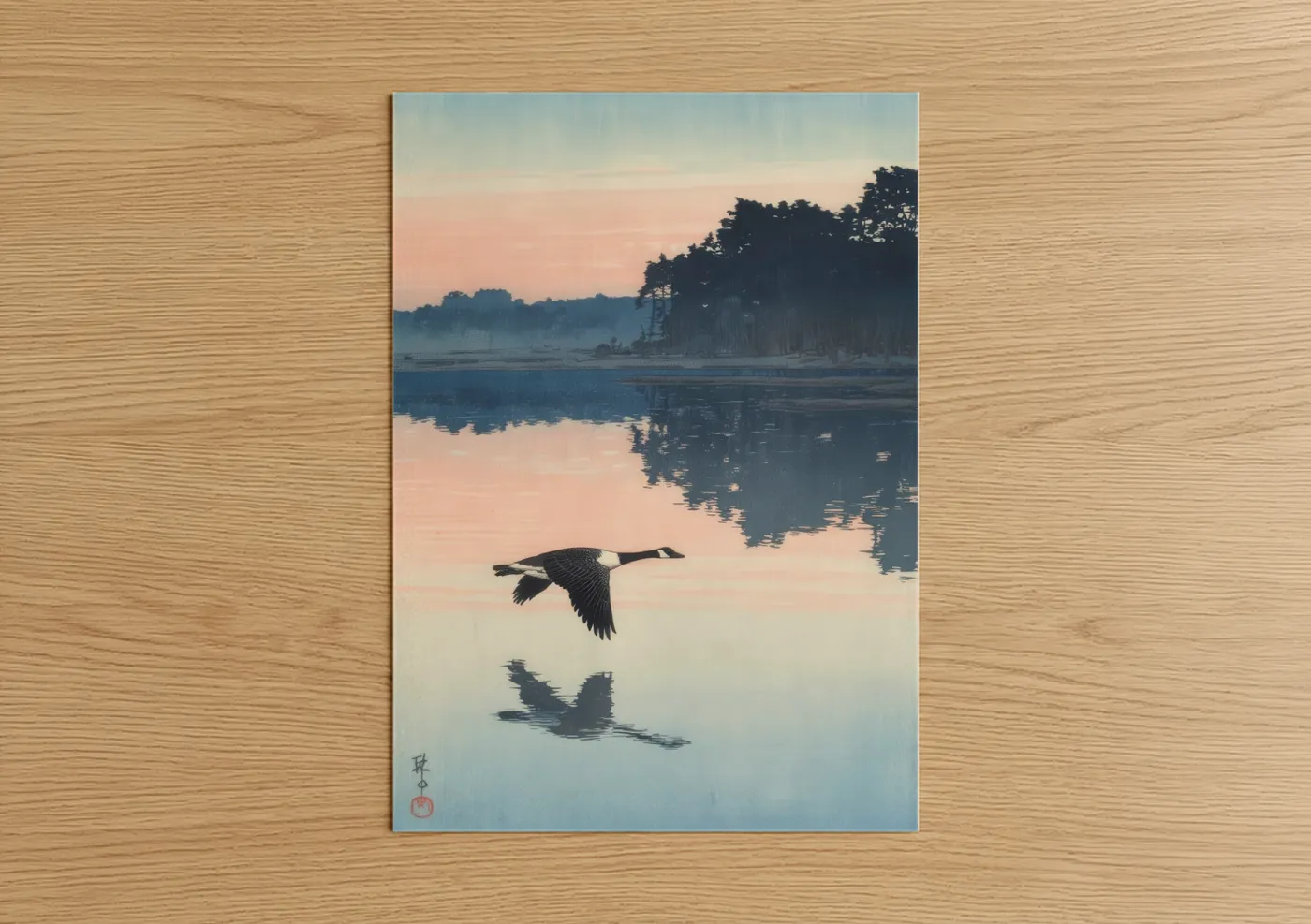 Art print on warm oak wood — blue and white and peach palette — Dawn Geese Flight poster