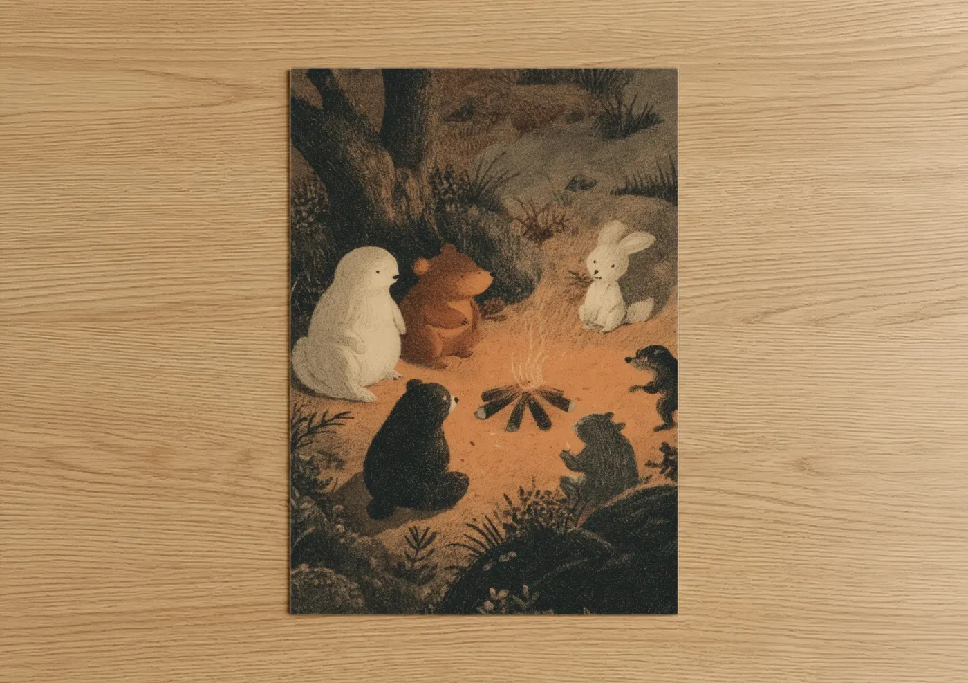 Fairytale art print on warm oak wood — brown and cream palette — Woodland Campfire poster