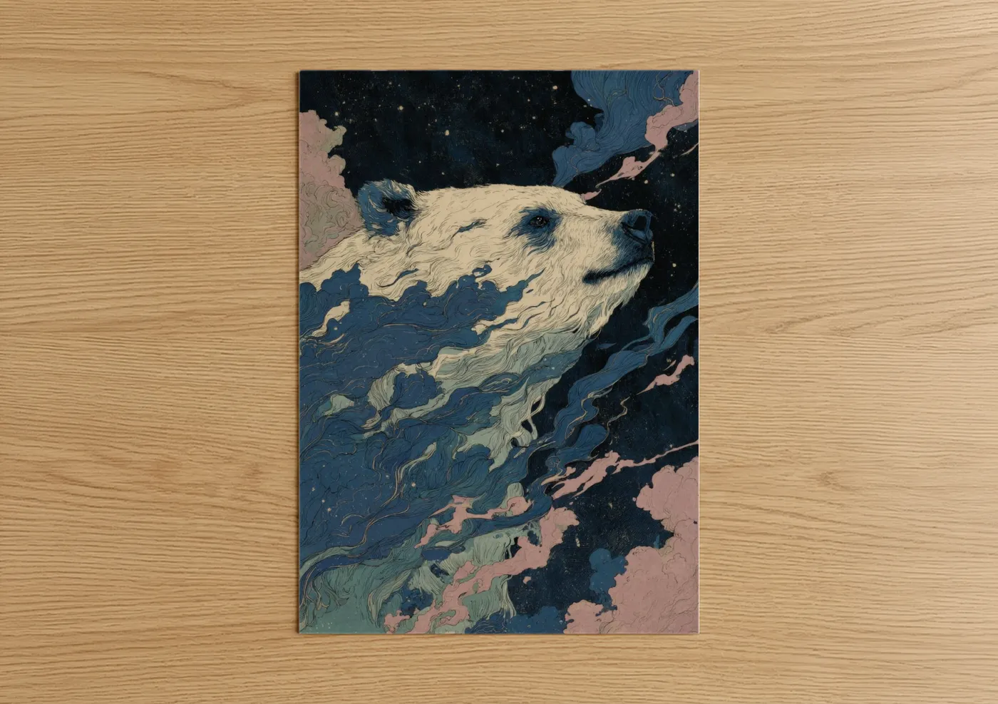 Art print on warm oak wood — blue and cream palette — Celestial Sloth Bear poster
