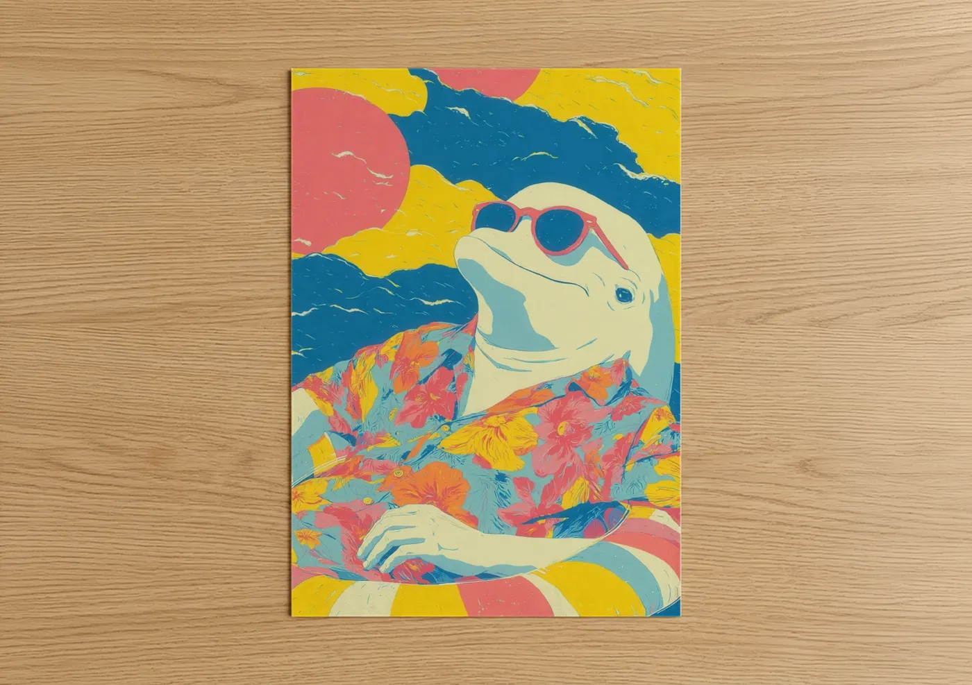 Dolphins art print on warm oak wood — yellow and blue palette — Tropical Dolphin poster