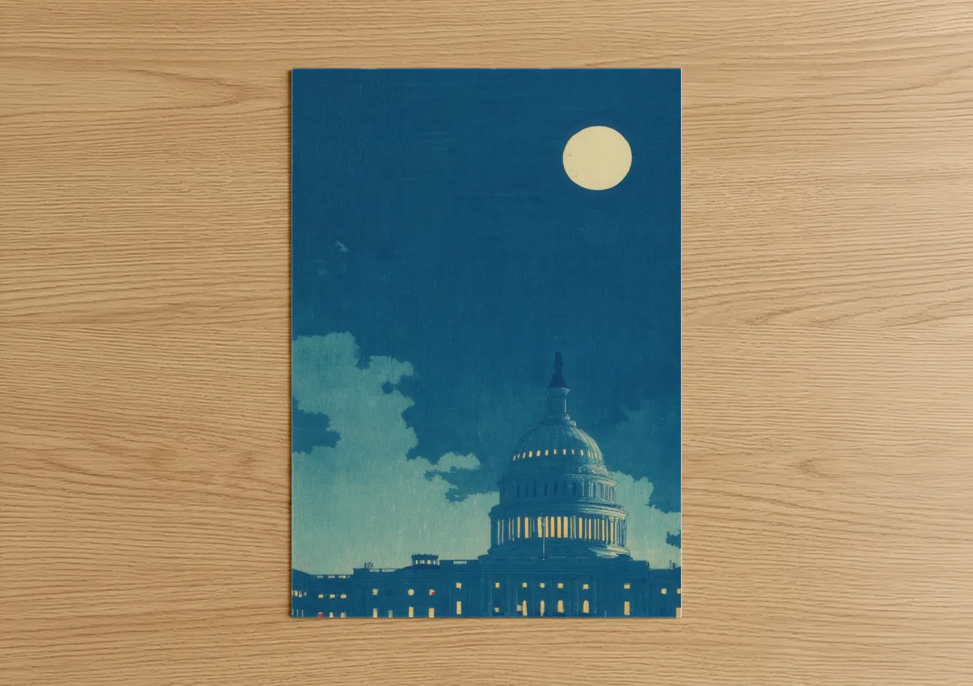 Us capitol art print on warm oak wood — blue and gold palette — Moonlit Capitol poster